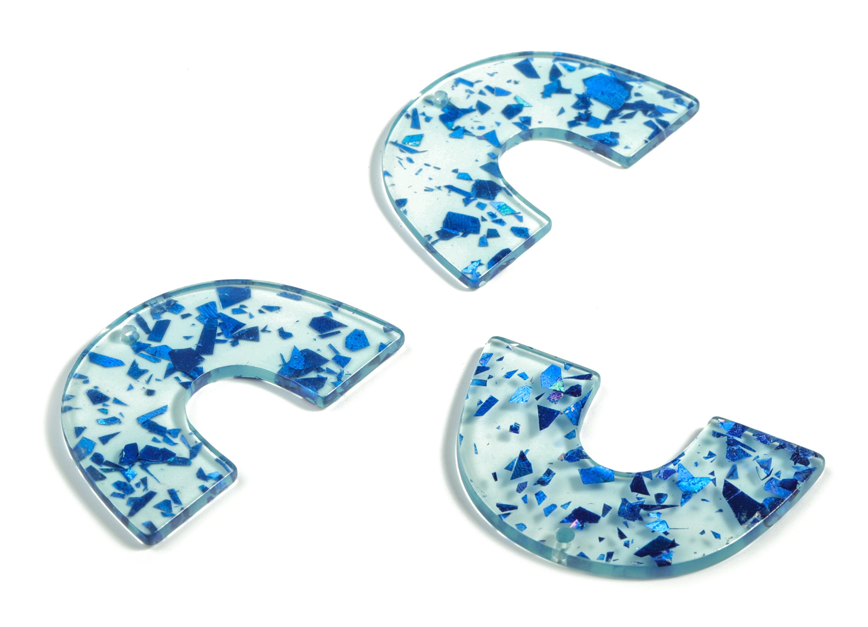 Acrylic Semicircle Earring Charms - Acrylic U Pendant - Blue Foil and Confetti - Color Code:A621 - 40.34x25.81x2.39mm - AC2018-A621 - DOMEDBAZAAR