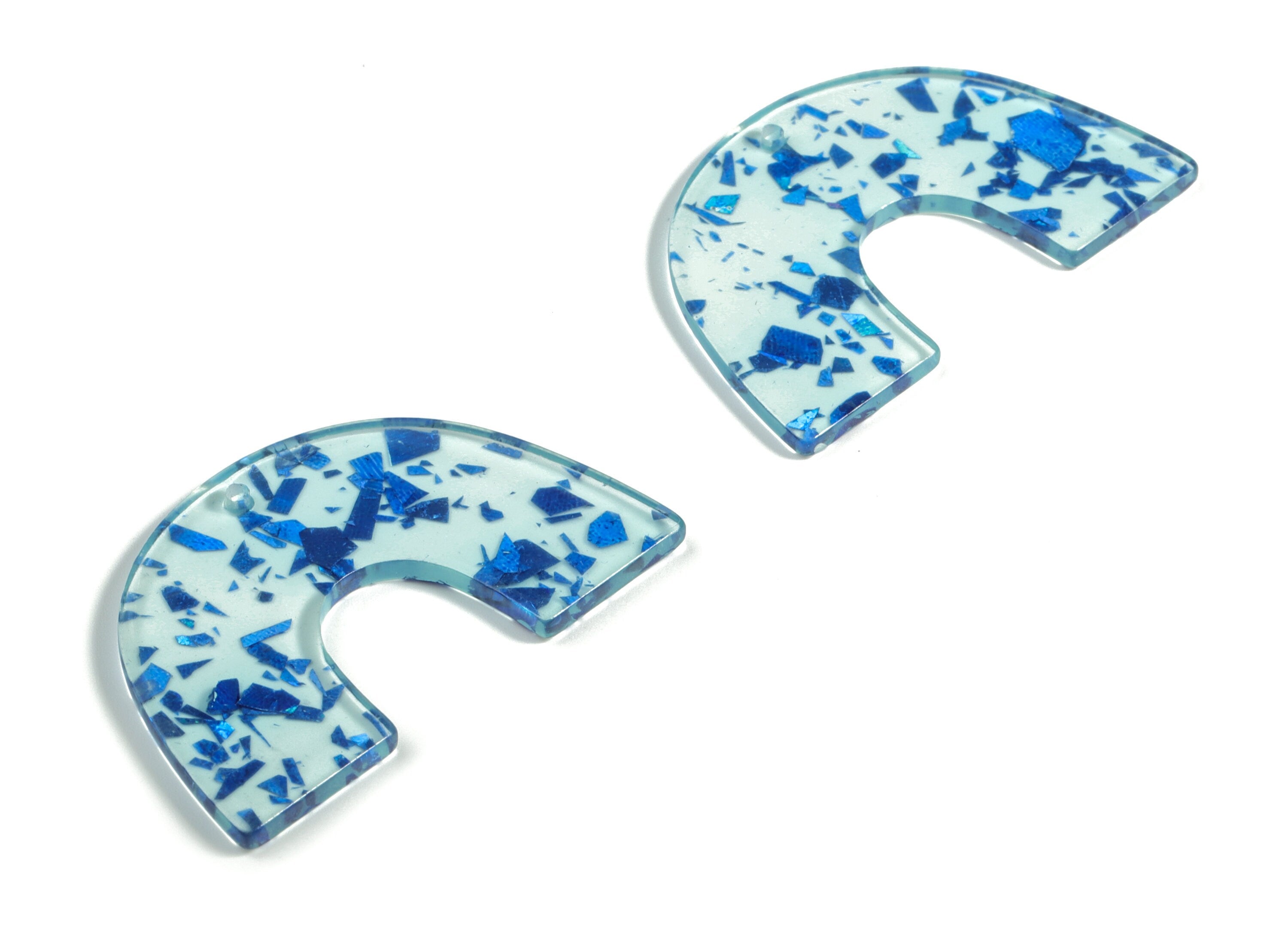 Acrylic Semicircle Earring Charms - Acrylic U Pendant - Blue Foil and Confetti - Color Code:A621 - 40.34x25.81x2.39mm - AC2018-A621 - DOMEDBAZAAR
