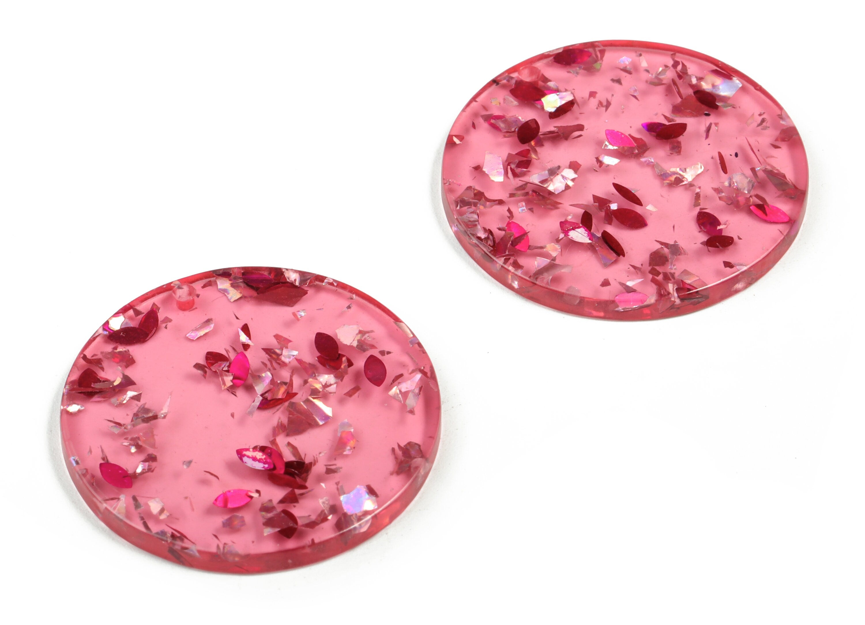 Acrylic Round Charms - Coin Earrings and Pendant - Silver Pink Foil and Confetti - Color Code: A437 - 34.68x34.68x3.23mm - AC1135-A437 - DOMEDBAZAAR