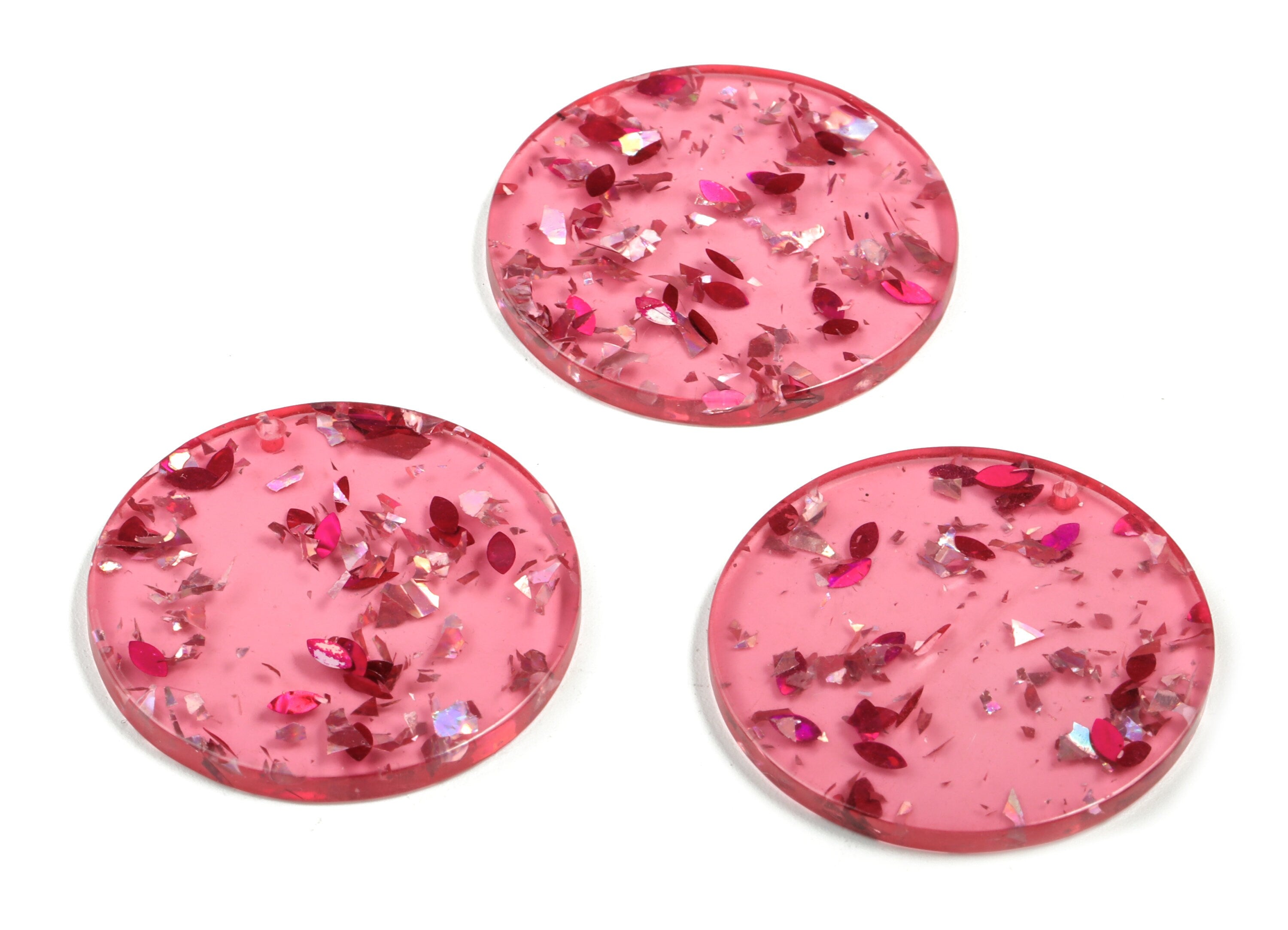 Acrylic Round Charms - Coin Earrings and Pendant - Silver Pink Foil and Confetti - Color Code: A437 - 34.68x34.68x3.23mm - AC1135-A437 - DOMEDBAZAAR
