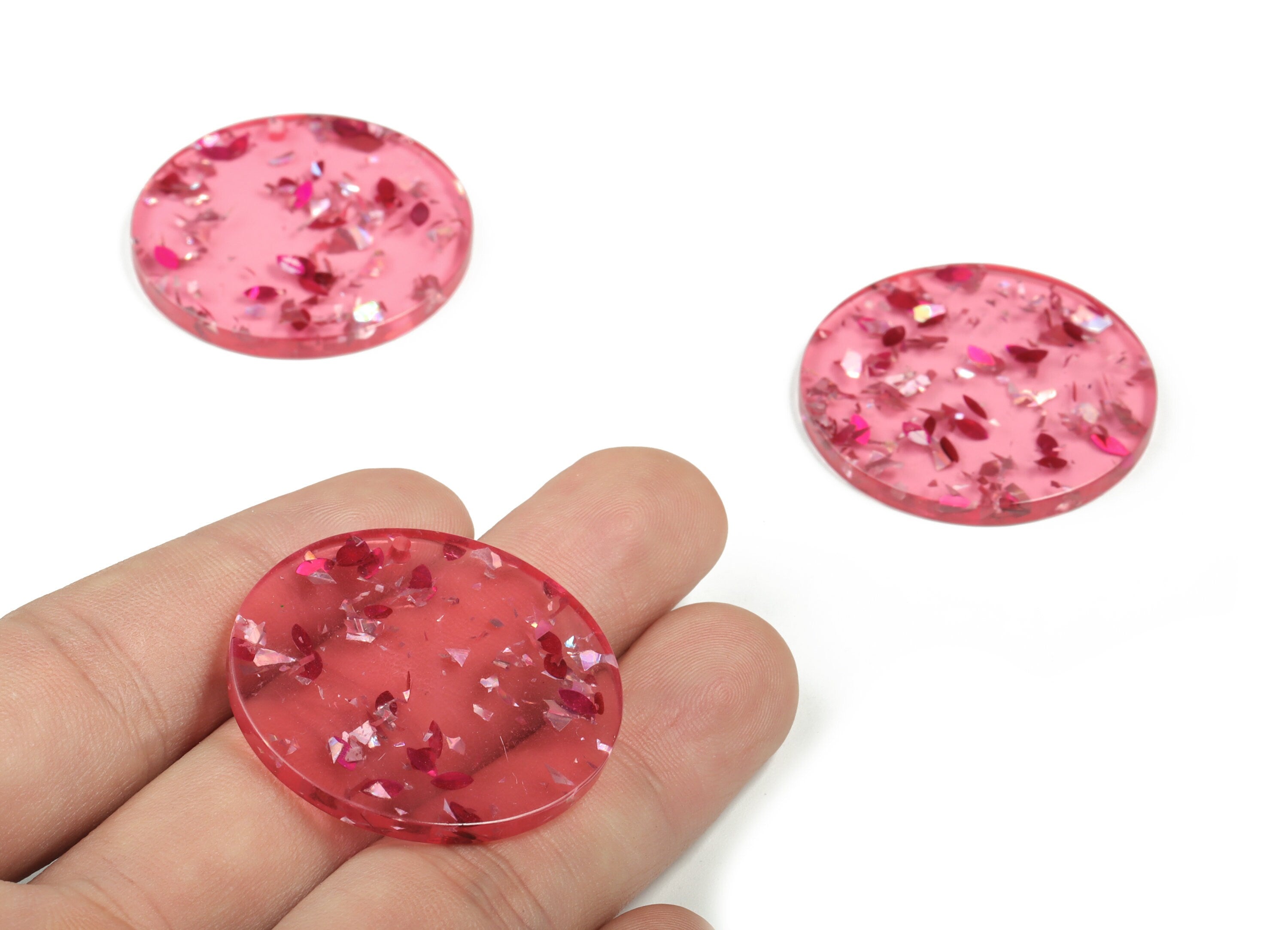 Acrylic Round Charms - Coin Earrings and Pendant - Silver Pink Foil and Confetti - Color Code: A437 - 34.68x34.68x3.23mm - AC1135-A437 - DOMEDBAZAAR