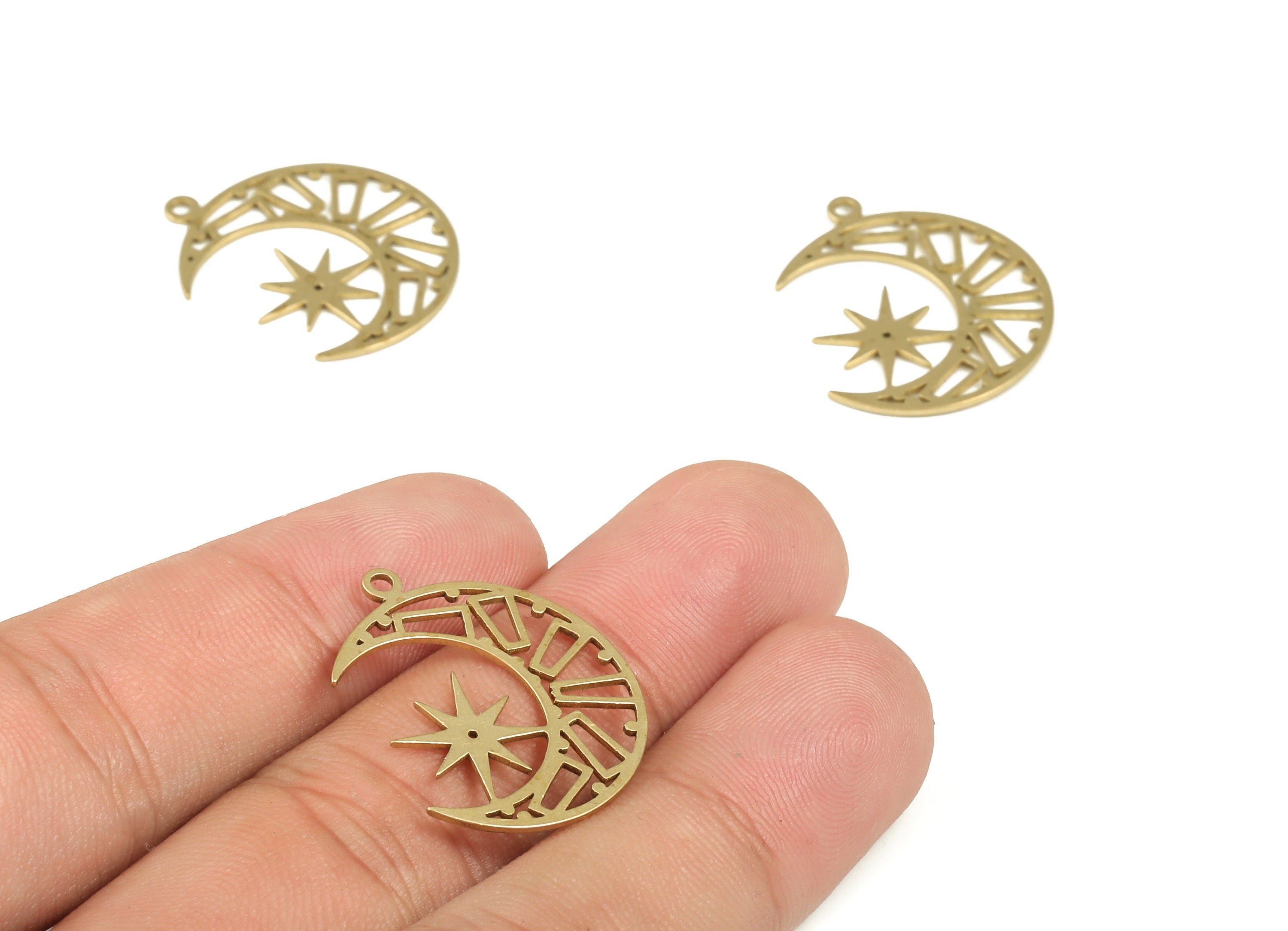 Brass Crescent Earring Charms - Raw Brass Star Pendant - Earrings Finding - Jewelry Making Supplies - 25.53x20.58x1.01mm - PP4216 - DOMEDBAZAAR
