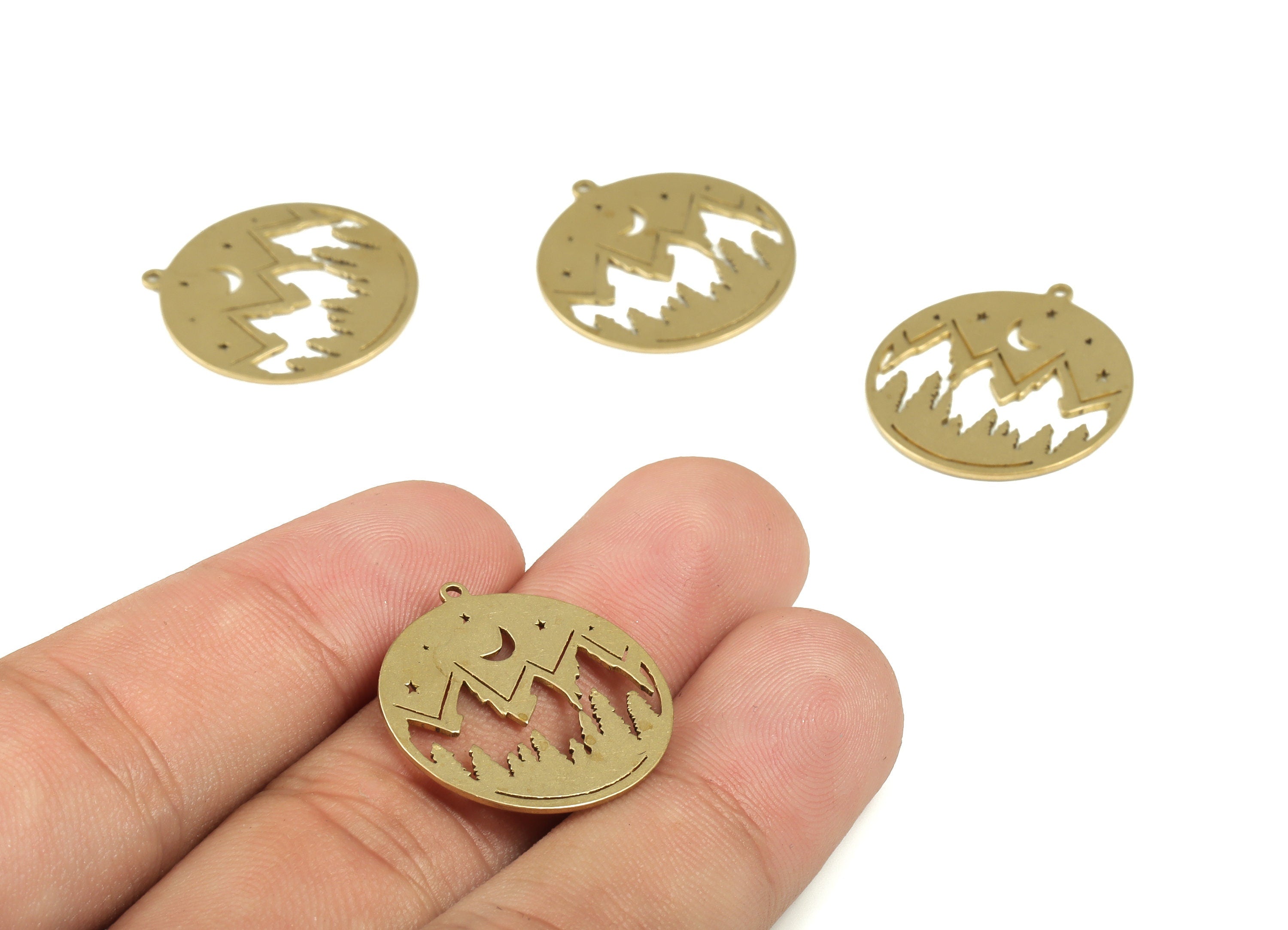 Mountain Moon Stars Pendant - Raw Brass Mountain Crescent Earring - Landscape Circle Charms - Jewellery Supplies - 23.7x21.96x0.9mm - PP4202 - DOMEDBAZAAR