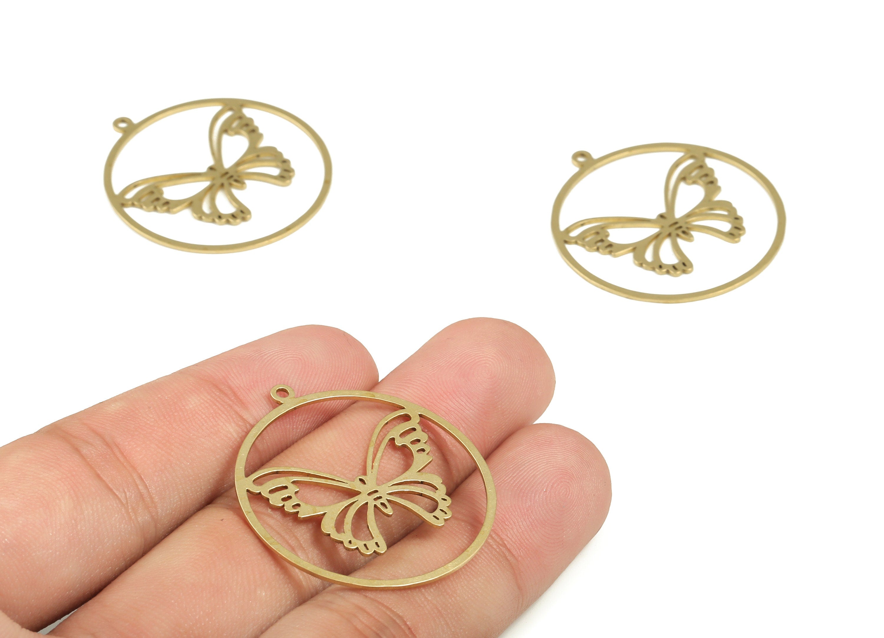Brass Round Butterfly Earring Charms - Raw Brass Circle Butterfly Pendant - Jewelry Making Supplies - 34.84x31.98x0.71mm - PP4199 - DOMEDBAZAAR