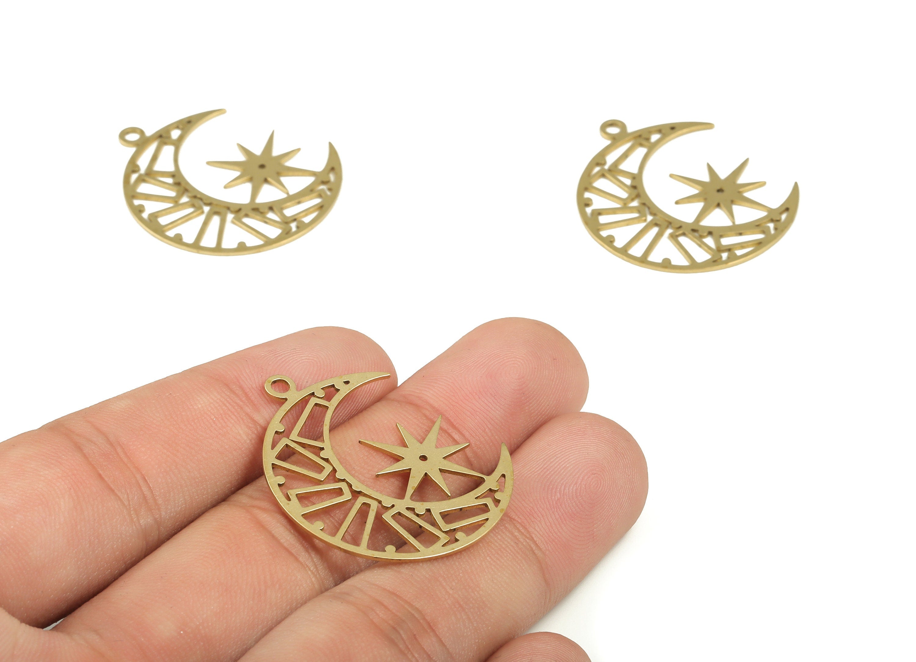 Brass Crescent Earring Charms - Raw Brass Star Pendant - Earrings Finding - Jewelry Making Supplies - 33.45x26.95x0.72mm - PP4197 - DOMEDBAZAAR