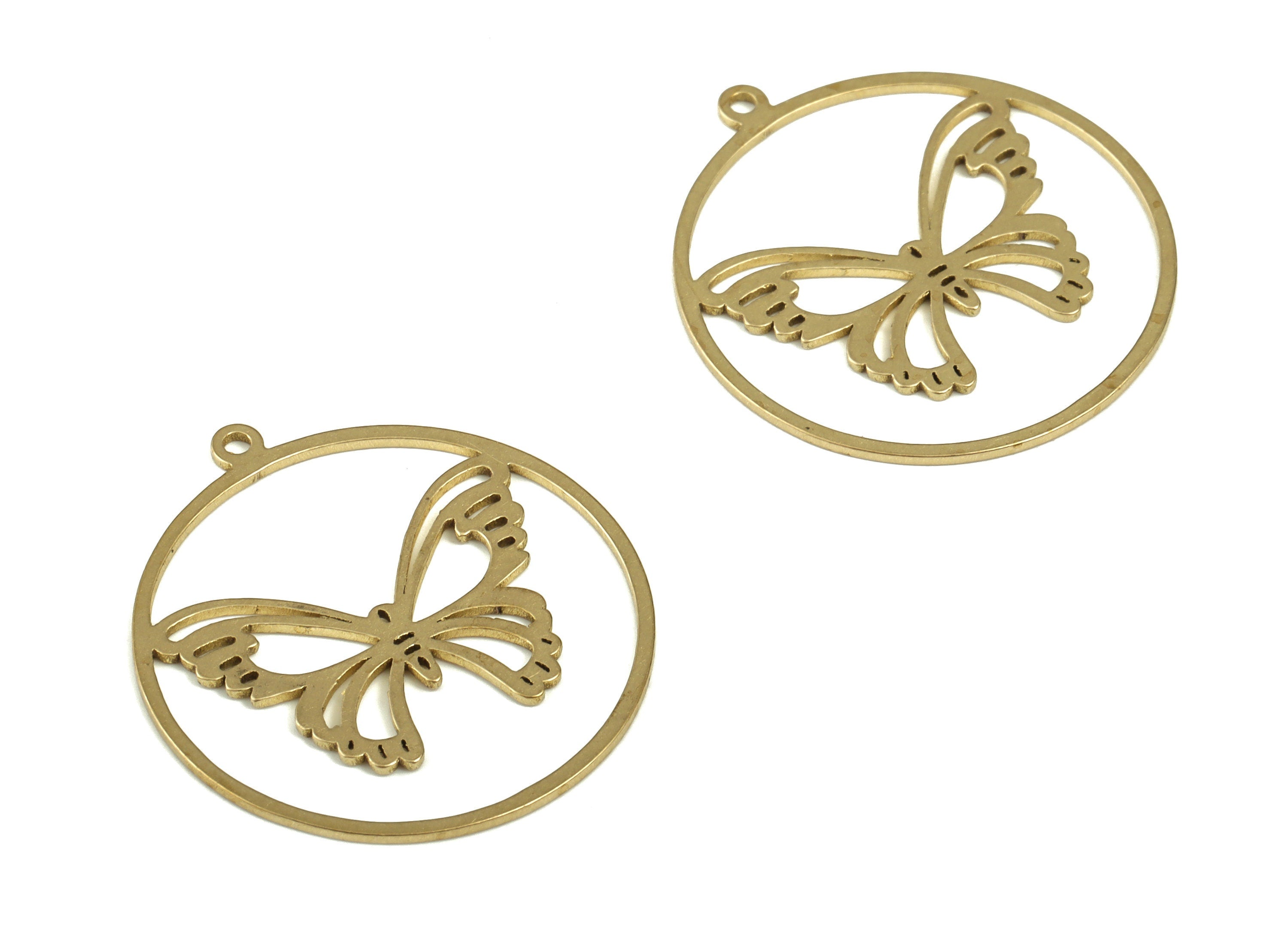 Brass Round Butterfly Earring Charms - Raw Brass Circle Butterfly Pendant - Jewelry Making Supplies - 26.17x24.03x0.67mm - PP4244 - DOMEDBAZAAR