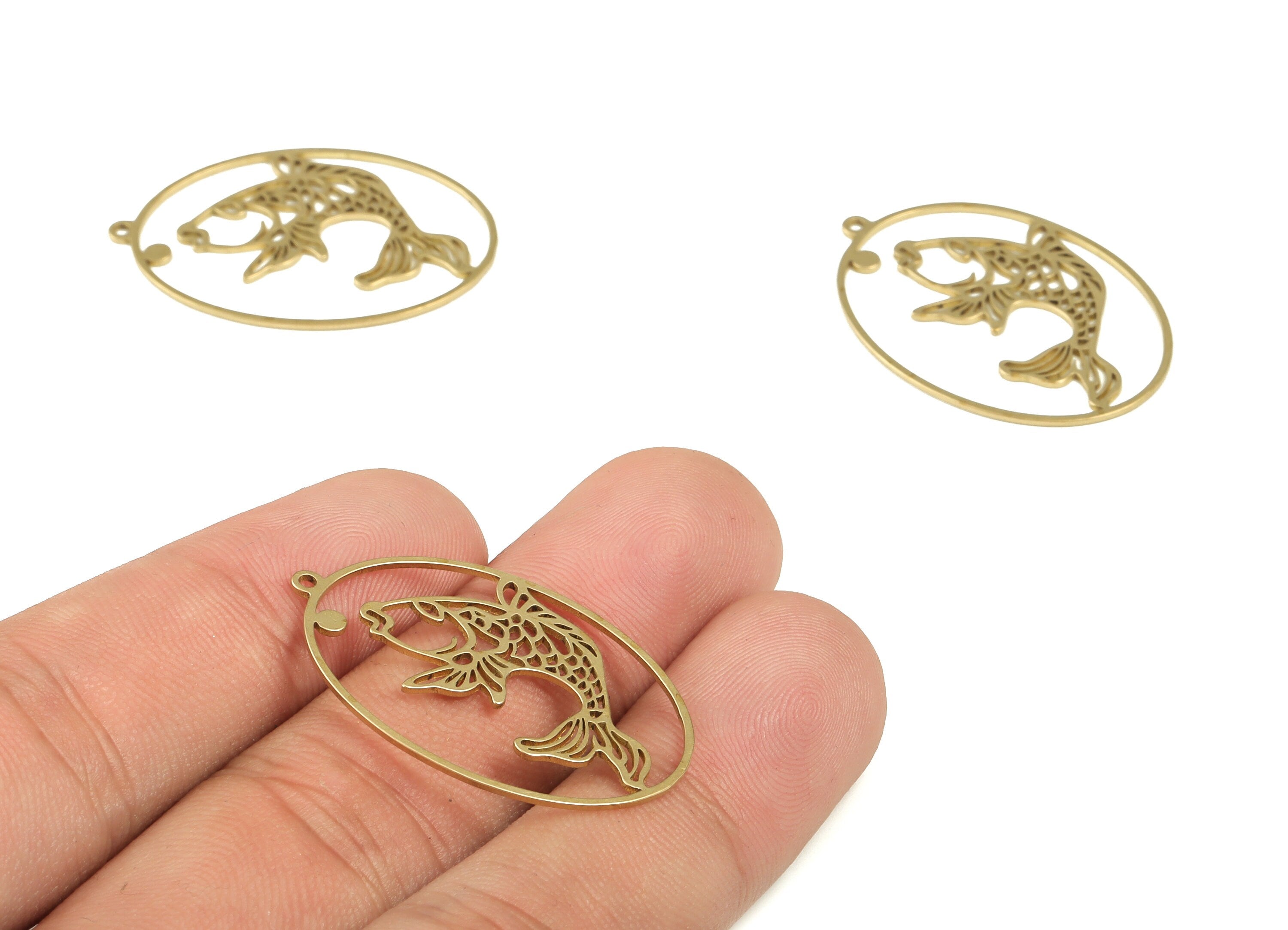 Brass Oval Fish Earring Charms - Raw Brass Oval Fish Pendant - Earring Findings - Jewelry Making Supplies - 34.84x31.98x0.71mm - PP4245 - DOMEDBAZAAR
