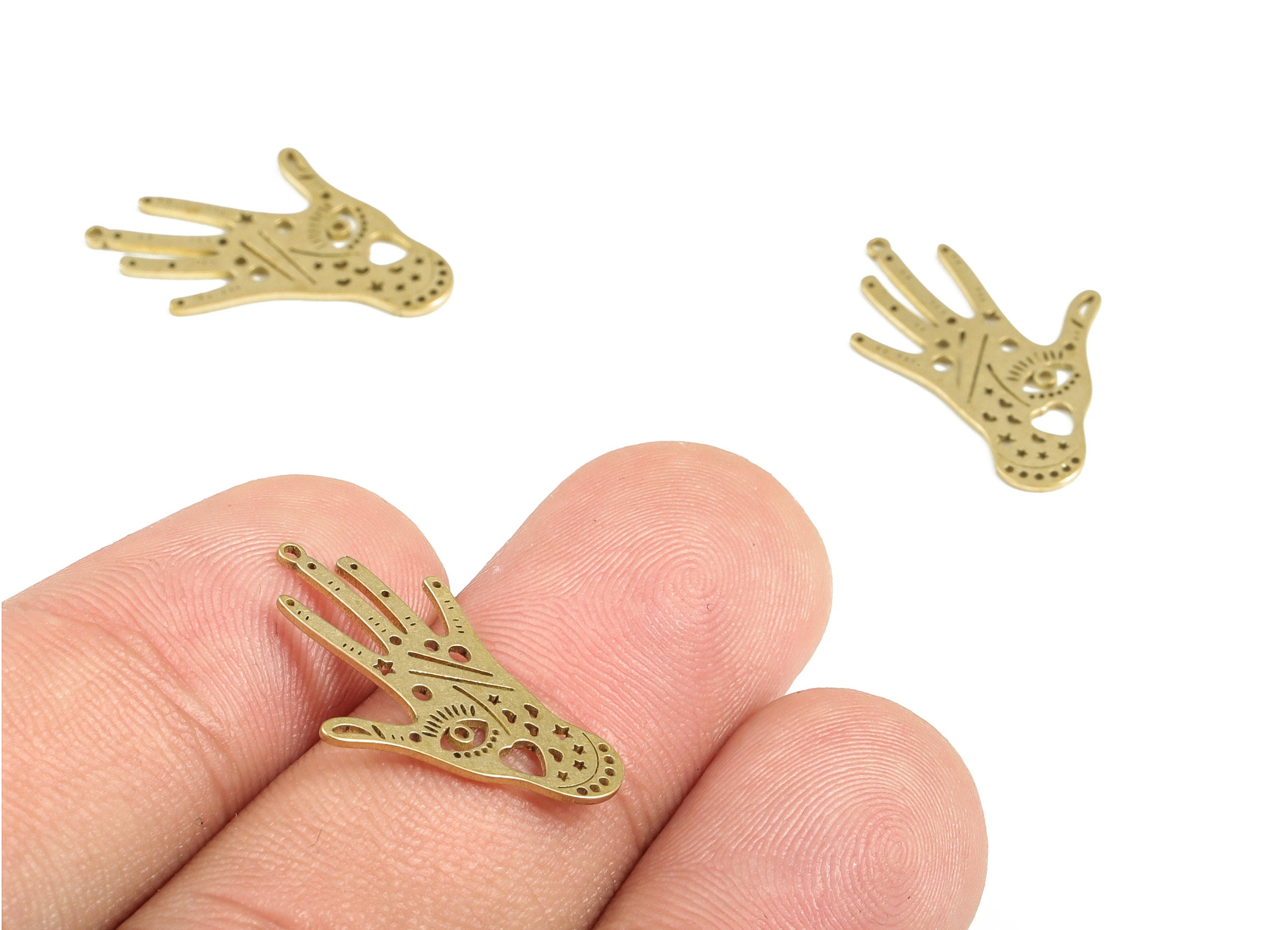 Brass Hand Eye Earring Charms - Raw Brass Hand Star Heart Pendant - Earrings Finding - Jewelry Supplies - 22.7x15.22x0.67mm - PP4019 - DOMEDBAZAAR
