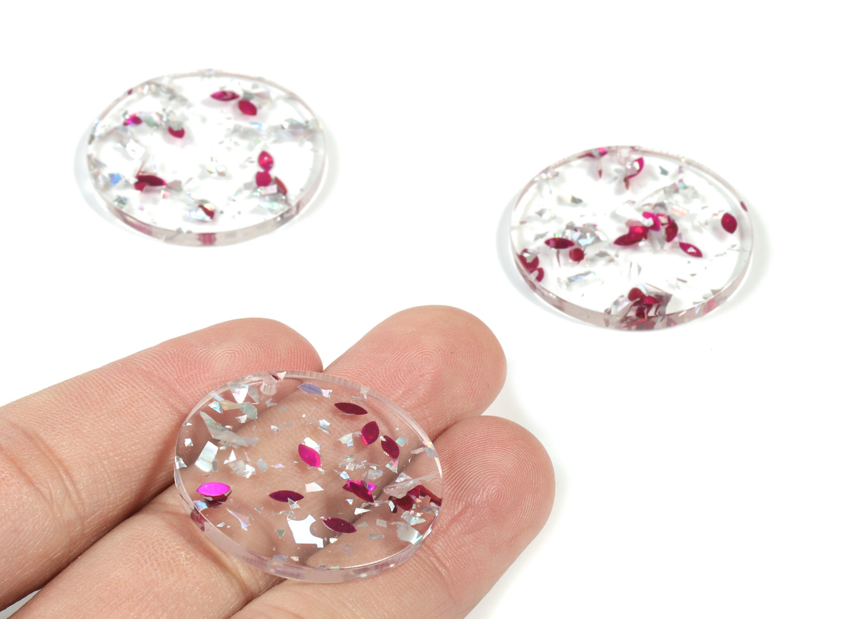 Acetate Round Earring Charms - Blue Round Pendant - Pink Silver Foil & Confetti - Color Code: A449 - 30.33x30.33x2.58mm - AC1315-A449 - DOMEDBAZAAR