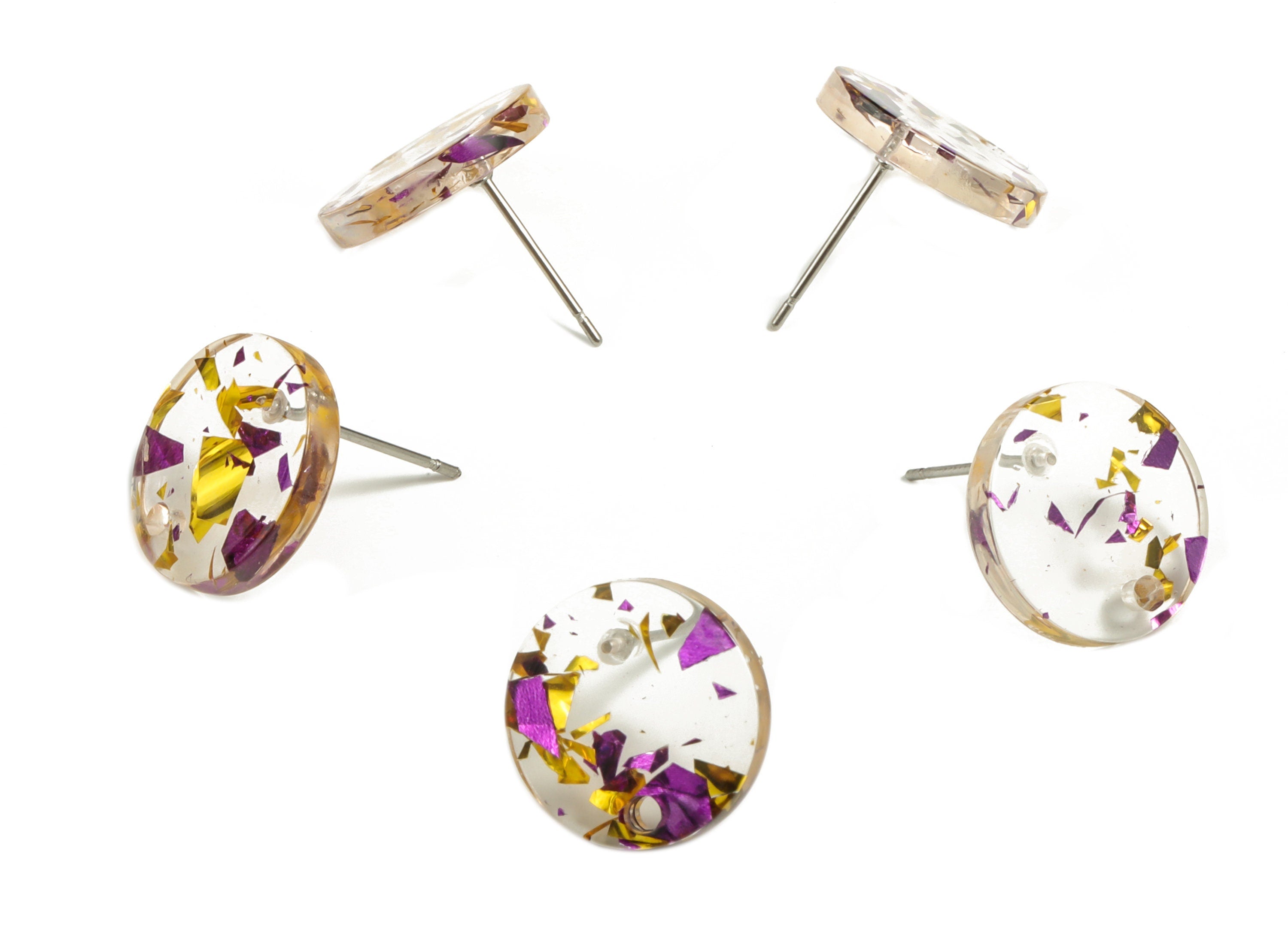 Acrylic Round Earring Stud - Acrylic Round Earring Post - Purple Gold Foil & Confetti - Color Code: A388 - 15x15x2.5mm - AC1672-A388 - DOMEDBAZAAR