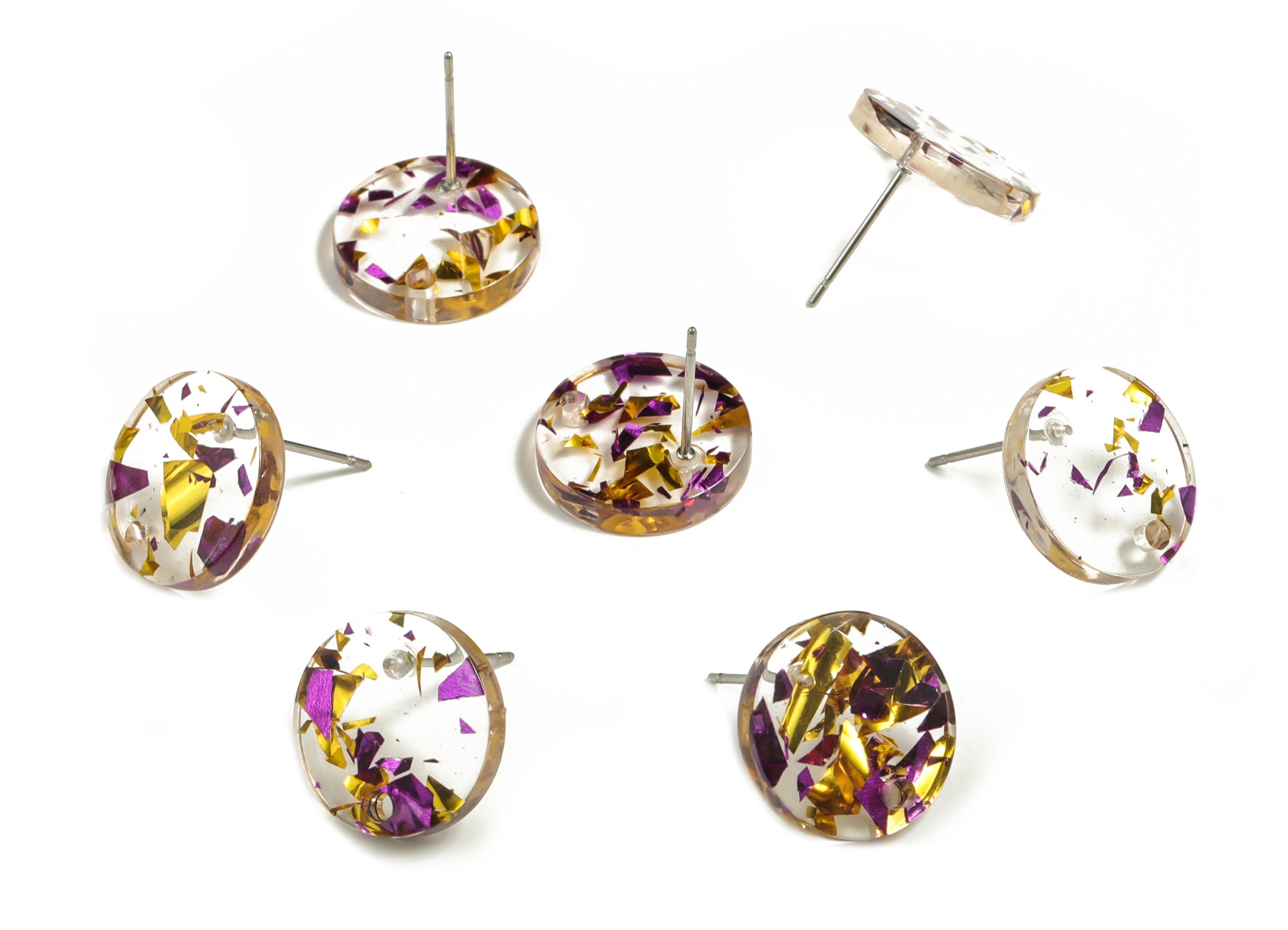 Acrylic Round Earring Stud - Acrylic Round Earring Post - Purple Gold Foil & Confetti - Color Code: A388 - 15x15x2.5mm - AC1672-A388 - DOMEDBAZAAR