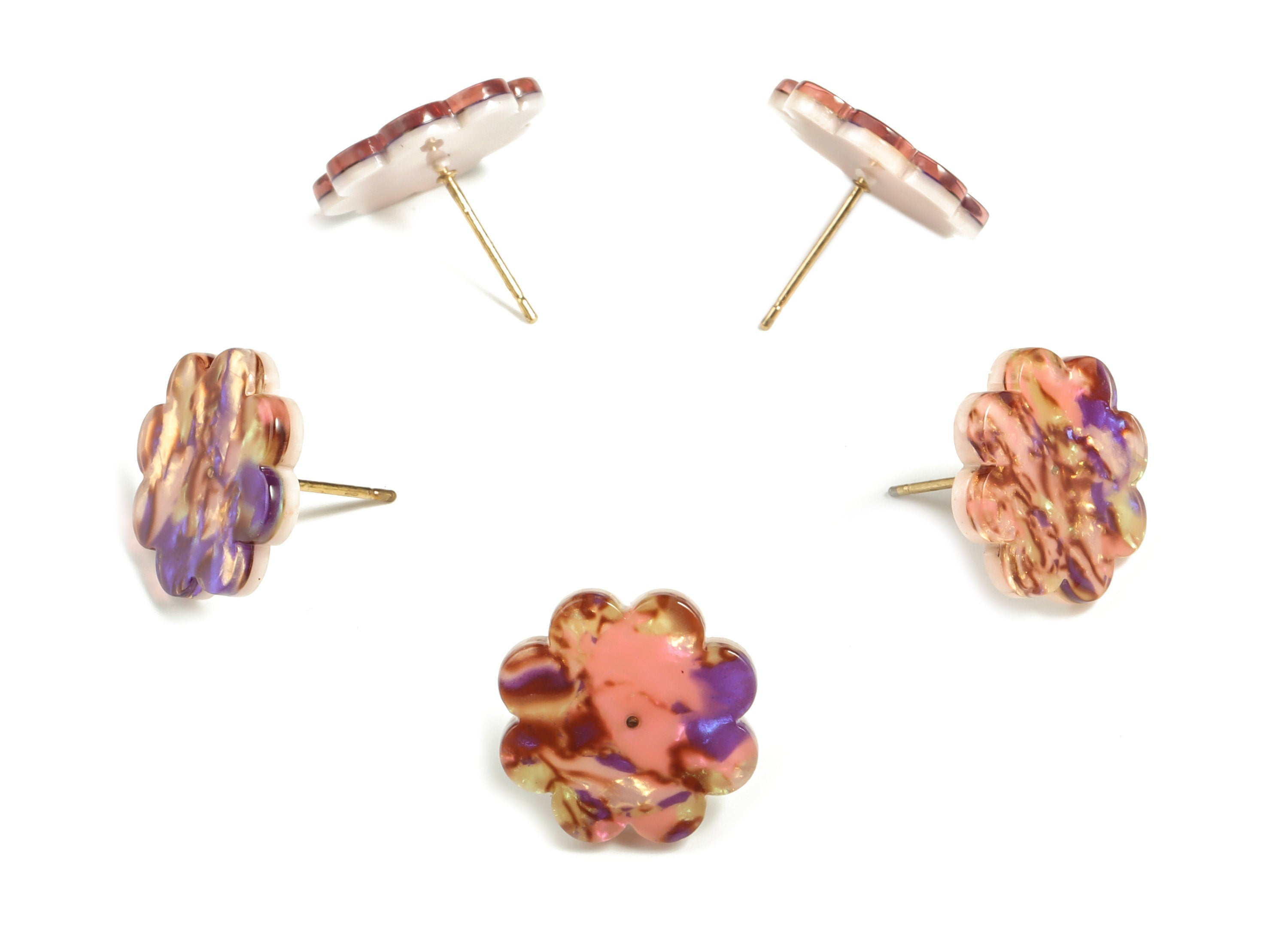 Acrylic Flower Earring Post - Acrylic Flower Stud - Gold Tone Plated Stud - Color Code: A447 - 16.72x16.58x2.72mm - AC2293-A447G - DOMEDBAZAAR