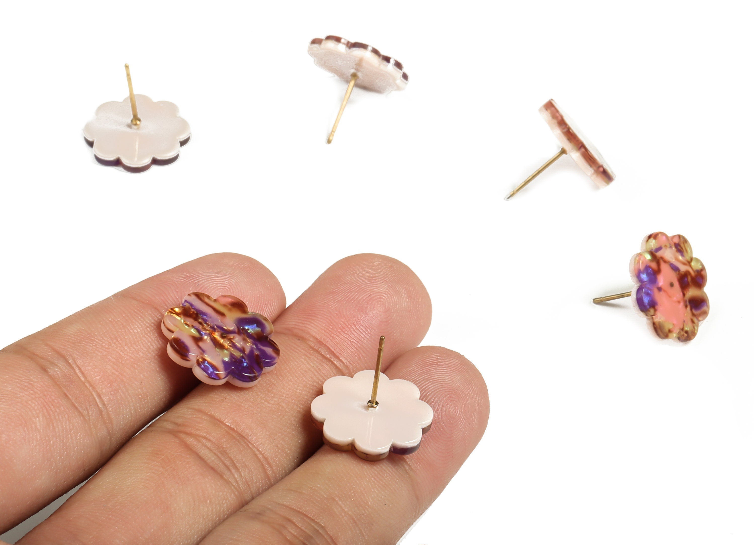 Acrylic Flower Earring Post - Acrylic Flower Stud - Gold Tone Plated Stud - Color Code: A447 - 16.72x16.58x2.72mm - AC2293-A447G - DOMEDBAZAAR