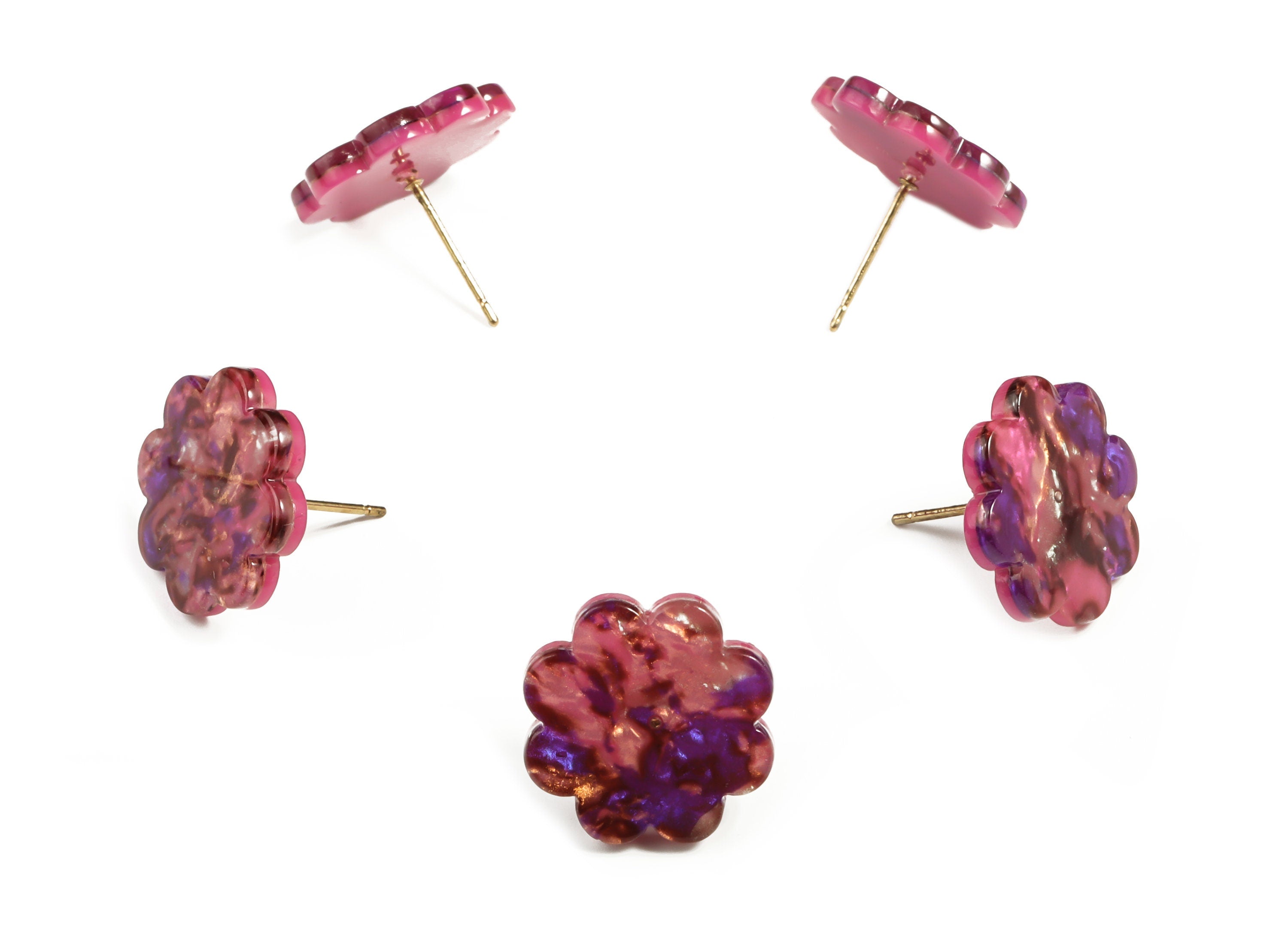 Acrylic Flower Earring Post - Acrylic Flower Stud - Gold Tone Plated Stud - Color Code: A651 - 16.63x16.55x2.33mm - AC2293-A651G - DOMEDBAZAAR