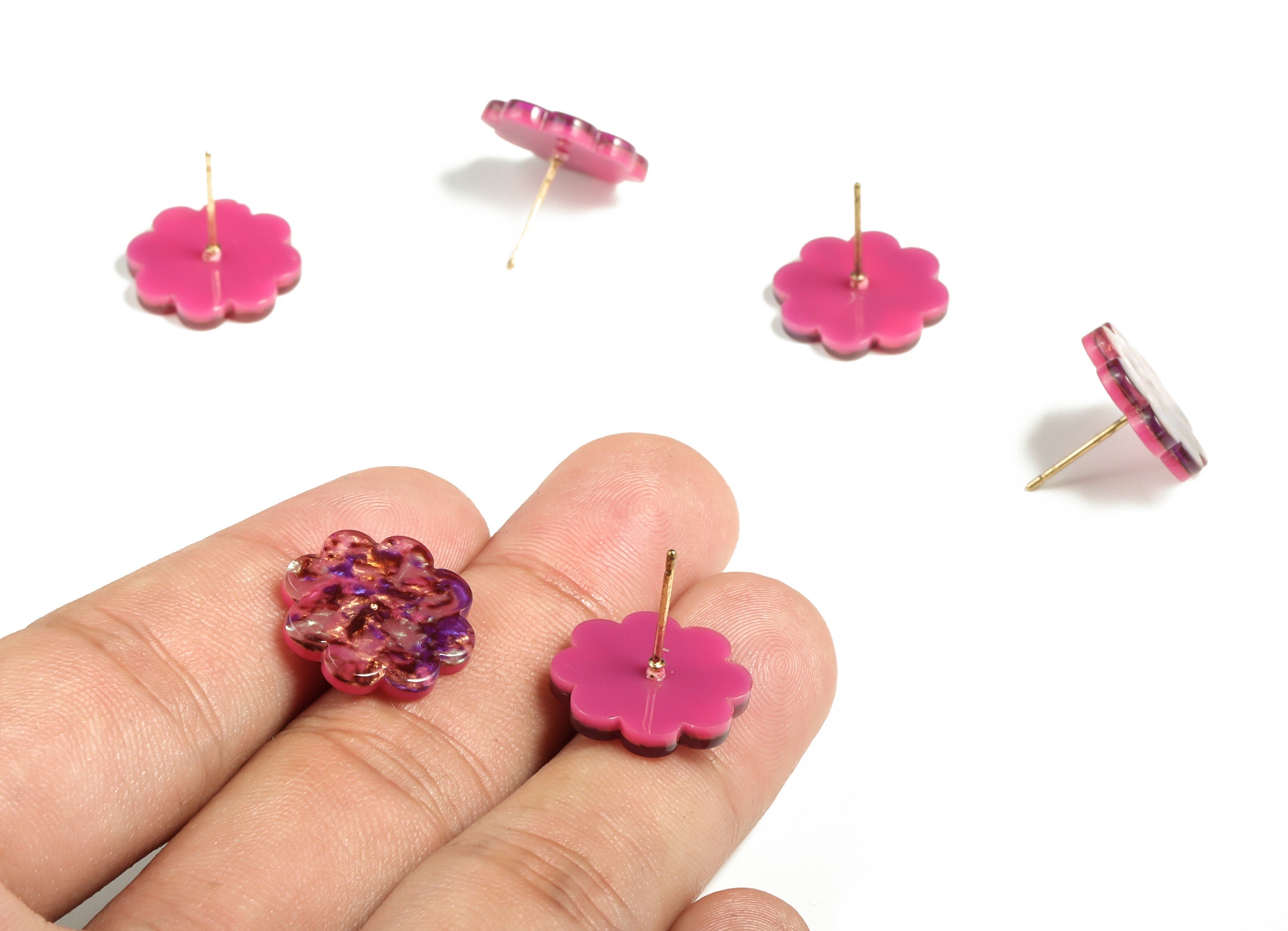 Acrylic Flower Earring Post - Acrylic Flower Stud - Gold Tone Plated Stud - Color Code: A651 - 16.63x16.55x2.33mm - AC2293-A651G - DOMEDBAZAAR