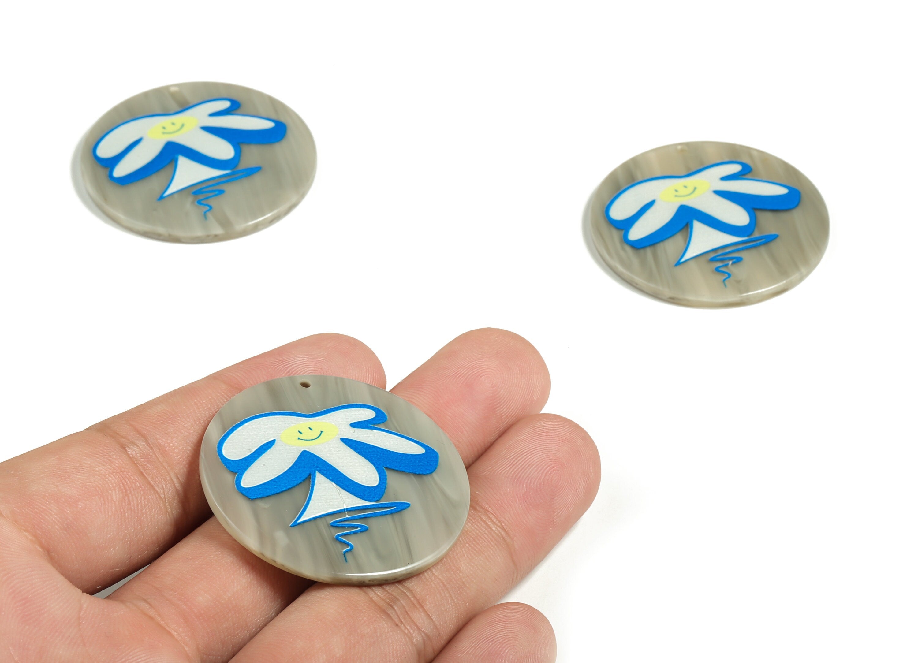 Acetate Round Smile Earring Charms – Acetate Circle Happy Face Blue Tree Pendant – Earring Findings – 38.11x38.01x2.87mm - AC2289 - DOMEDBAZAAR