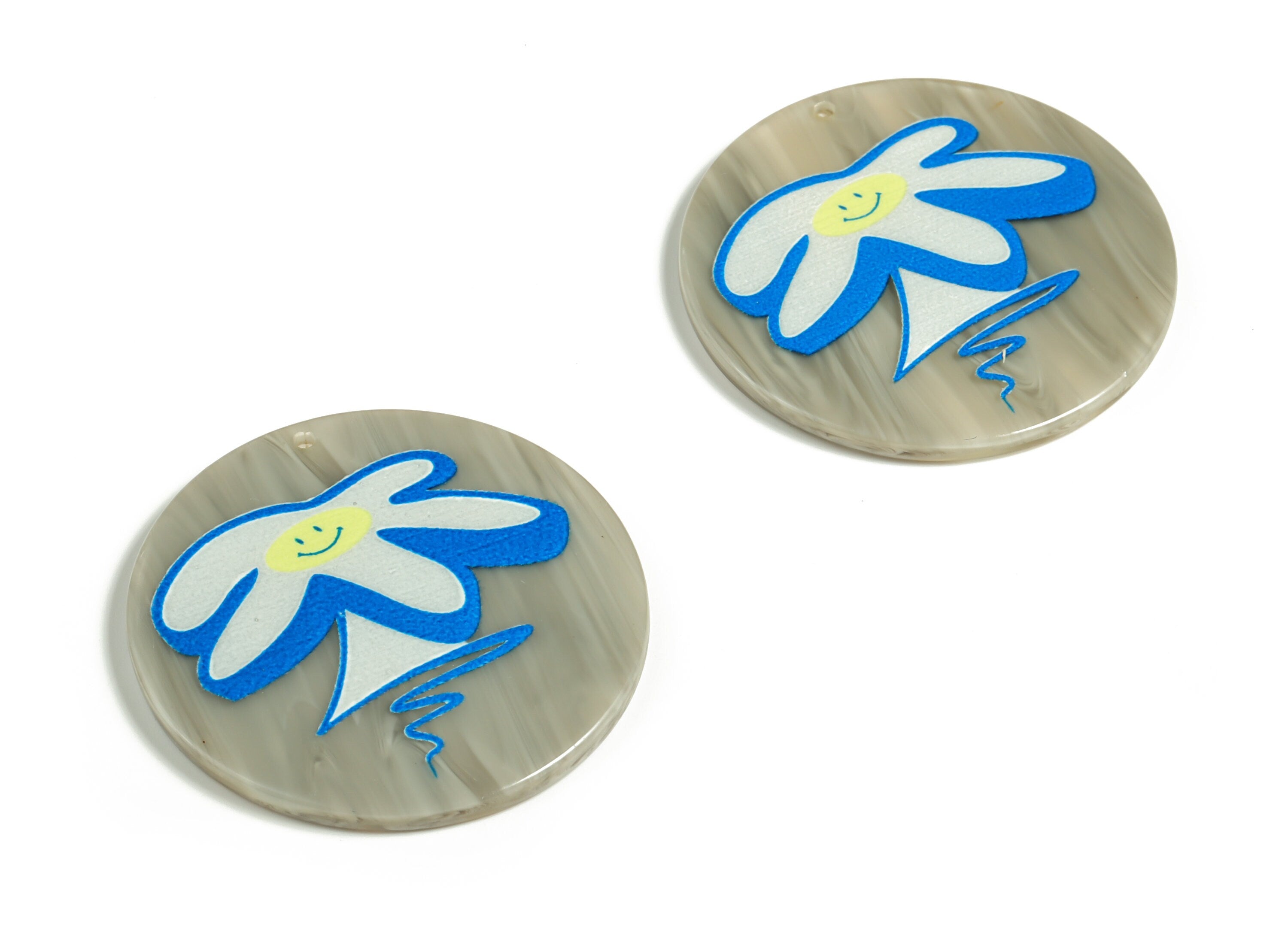Acetate Round Smile Earring Charms – Acetate Circle Happy Face Blue Tree Pendant – Earring Findings – 38.11x38.01x2.87mm - AC2289 - DOMEDBAZAAR