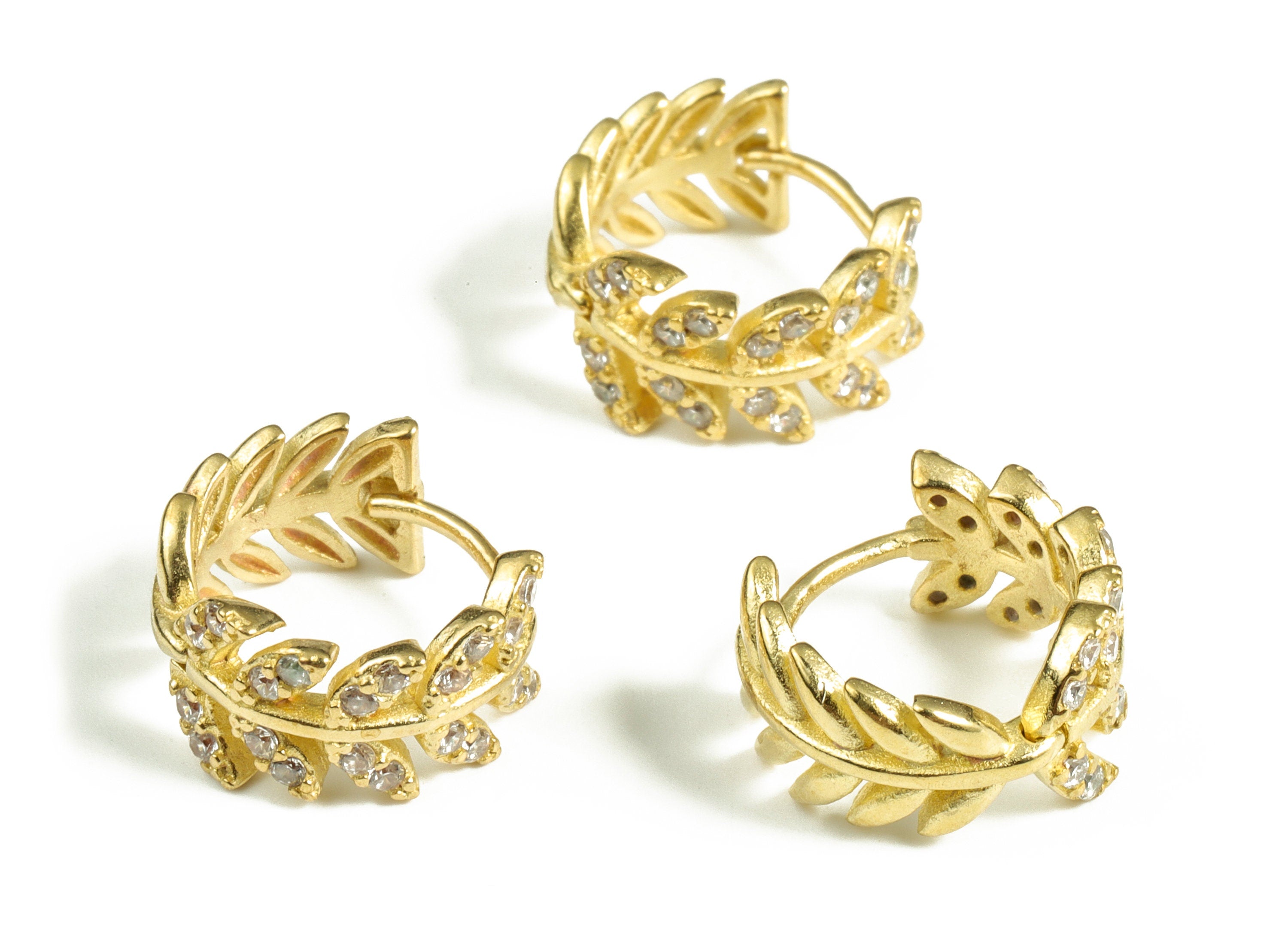 Tiny Branch Leaf Hoop Earring - Zircon Stud Earring - Brass Plated Earring Stud – Designer Hoop Earrings - 12.98× 12.76× 1.79mm - PP4062 - DOMEDBAZAAR