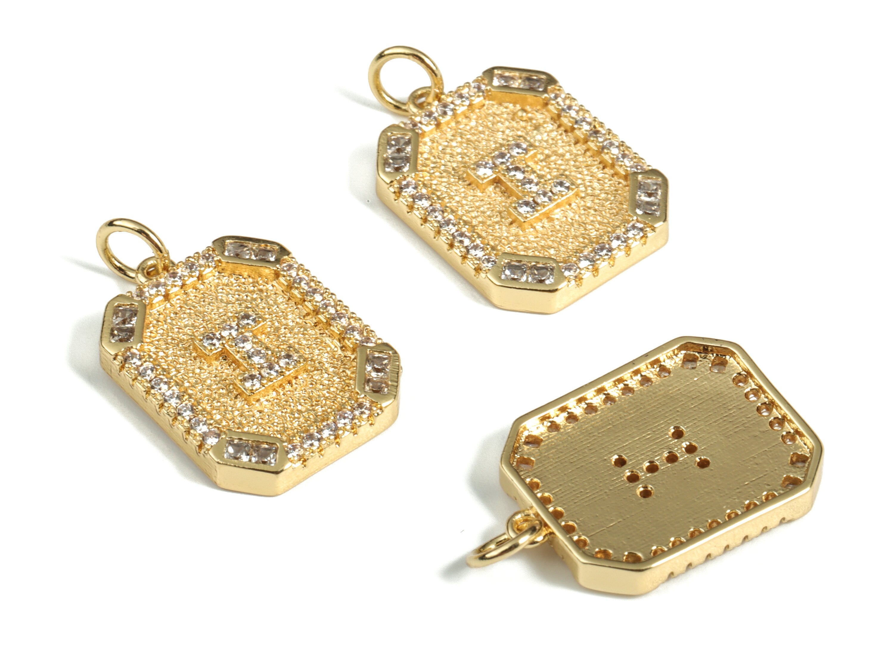 Brass Square Letter I Earring Charm With Zircons - 18k Real Gold Plated Brass - Initial I Gold Square Pendant - 22.89x13.97x2.7mm - RGP3135I - DOMEDBAZAAR