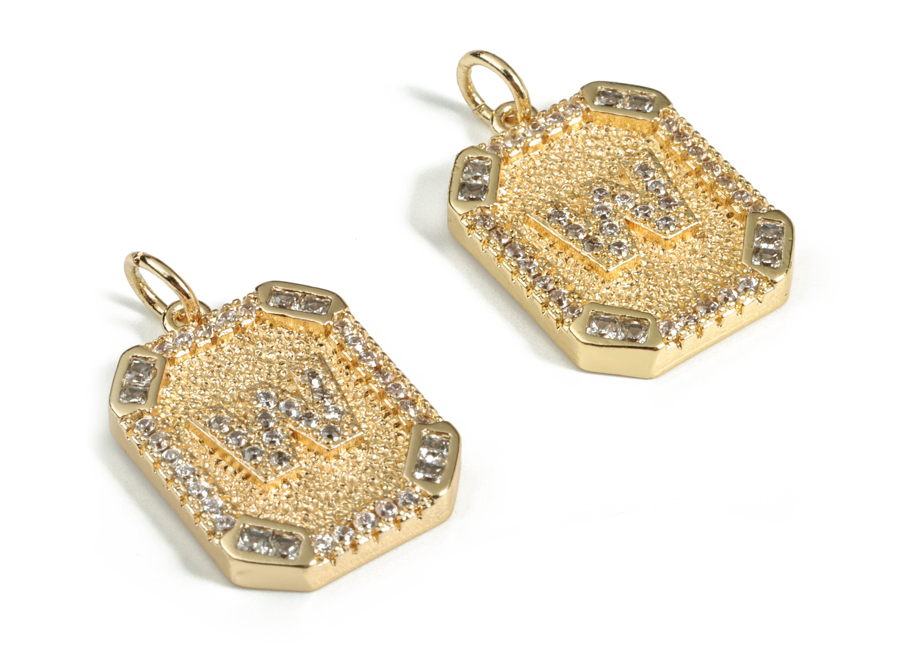 Brass Square Letter W Earring Charm With Zircons - 18k Real Gold Plated Brass - Initial W Gold Square Pendant - 22.89x13.97x2.7mm - RGP3135W - DOMEDBAZAAR