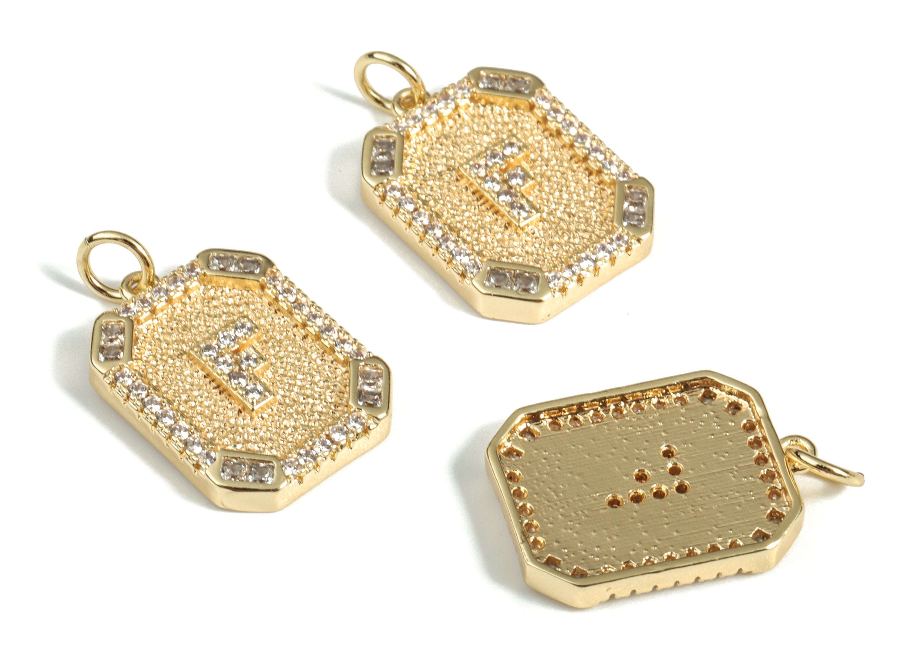 Brass Square Letter F Earring Charm with Zircons - Initial F Gold Square Pendant - 18k Real Gold Plated Brass - 22.89x13.97x2.7mm - RGP3135F - DOMEDBAZAAR