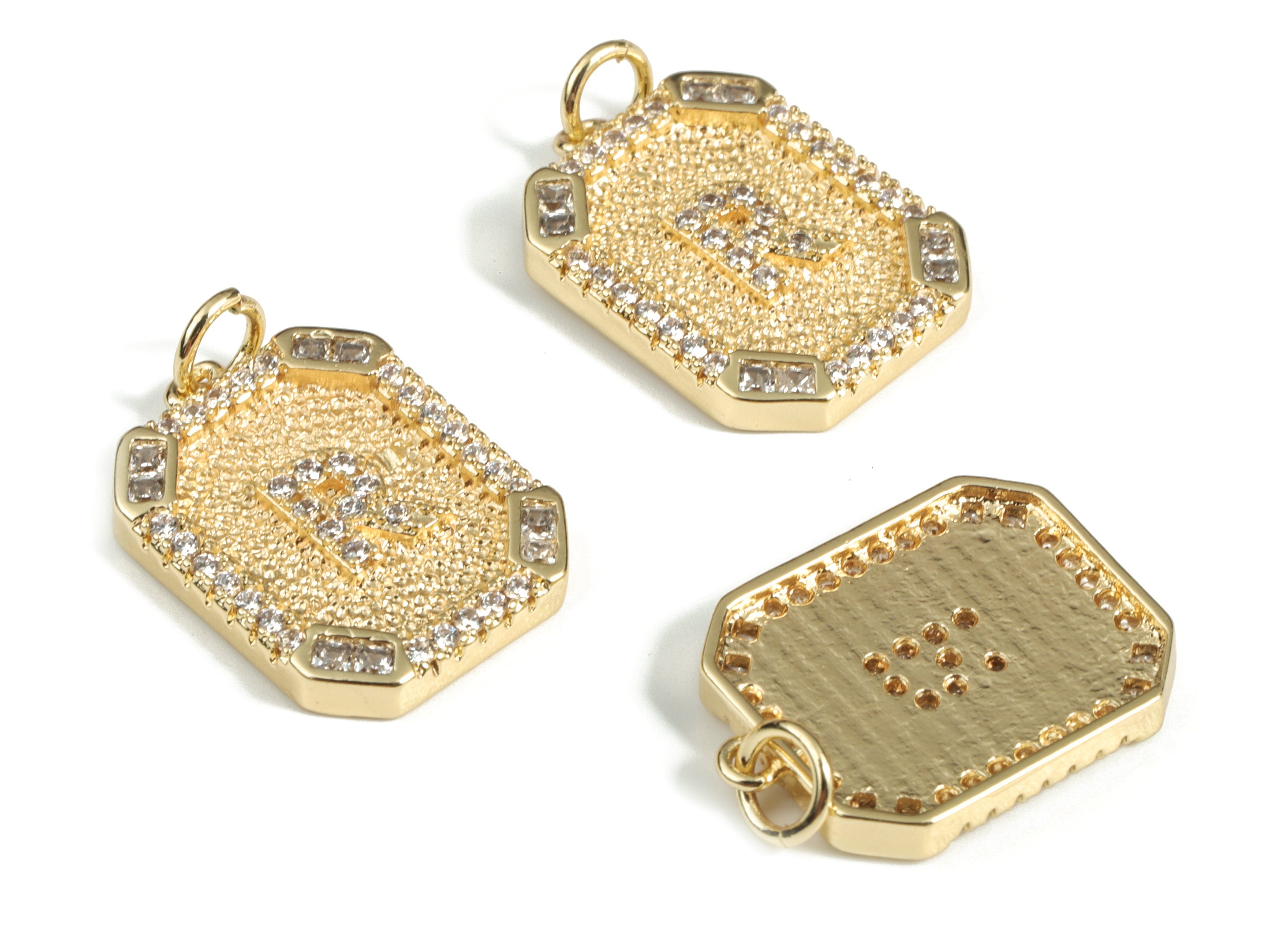 Brass Square Letter R Earring Charm With Zircons - 18k Real Gold Plated Brass - Initial R Gold Square Pendant - 22.89x13.97x2.7mm - RGP3135R - DOMEDBAZAAR