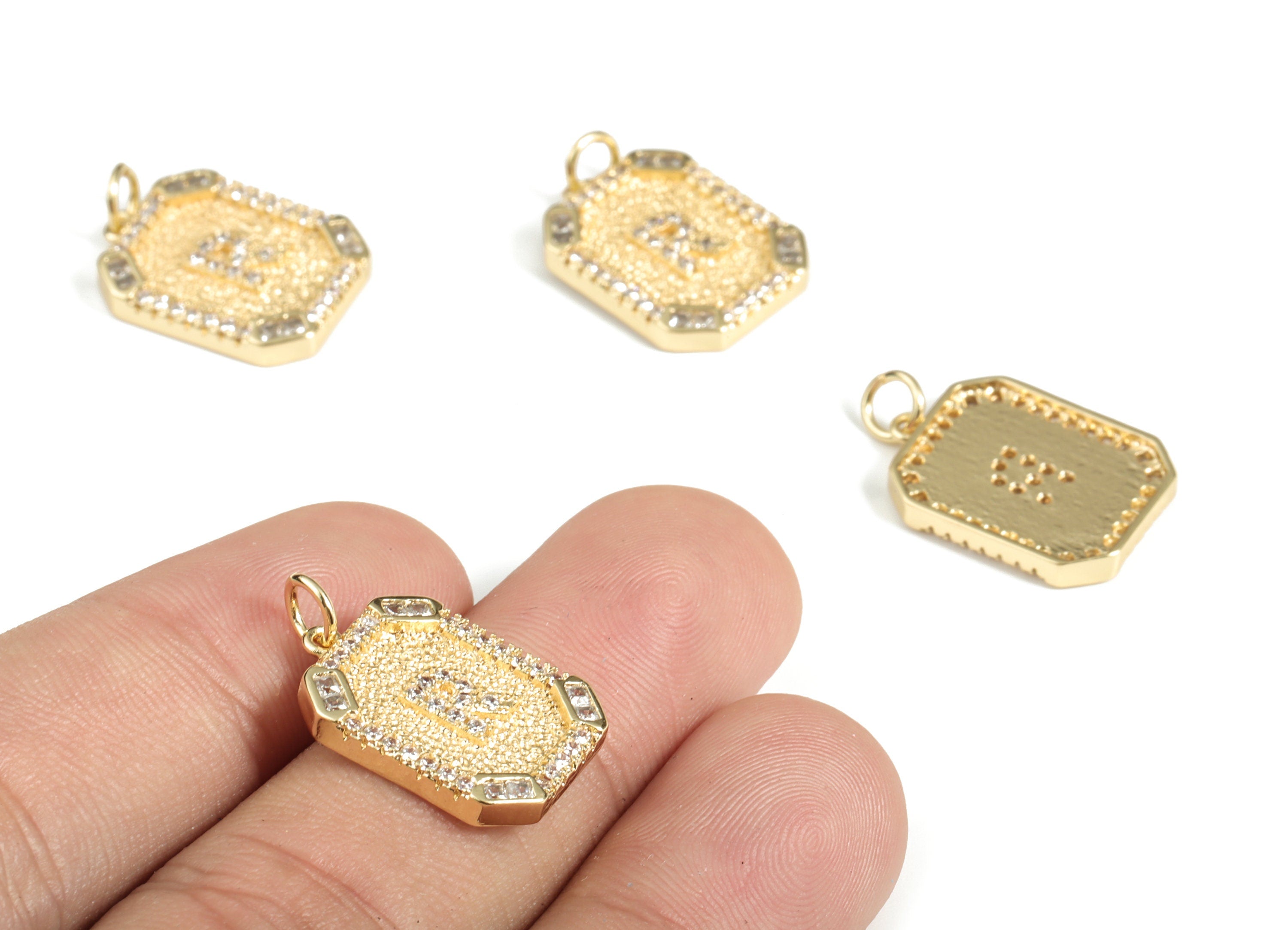 Brass Square Letter R Earring Charm With Zircons - 18k Real Gold Plated Brass - Initial R Gold Square Pendant - 22.89x13.97x2.7mm - RGP3135R - DOMEDBAZAAR
