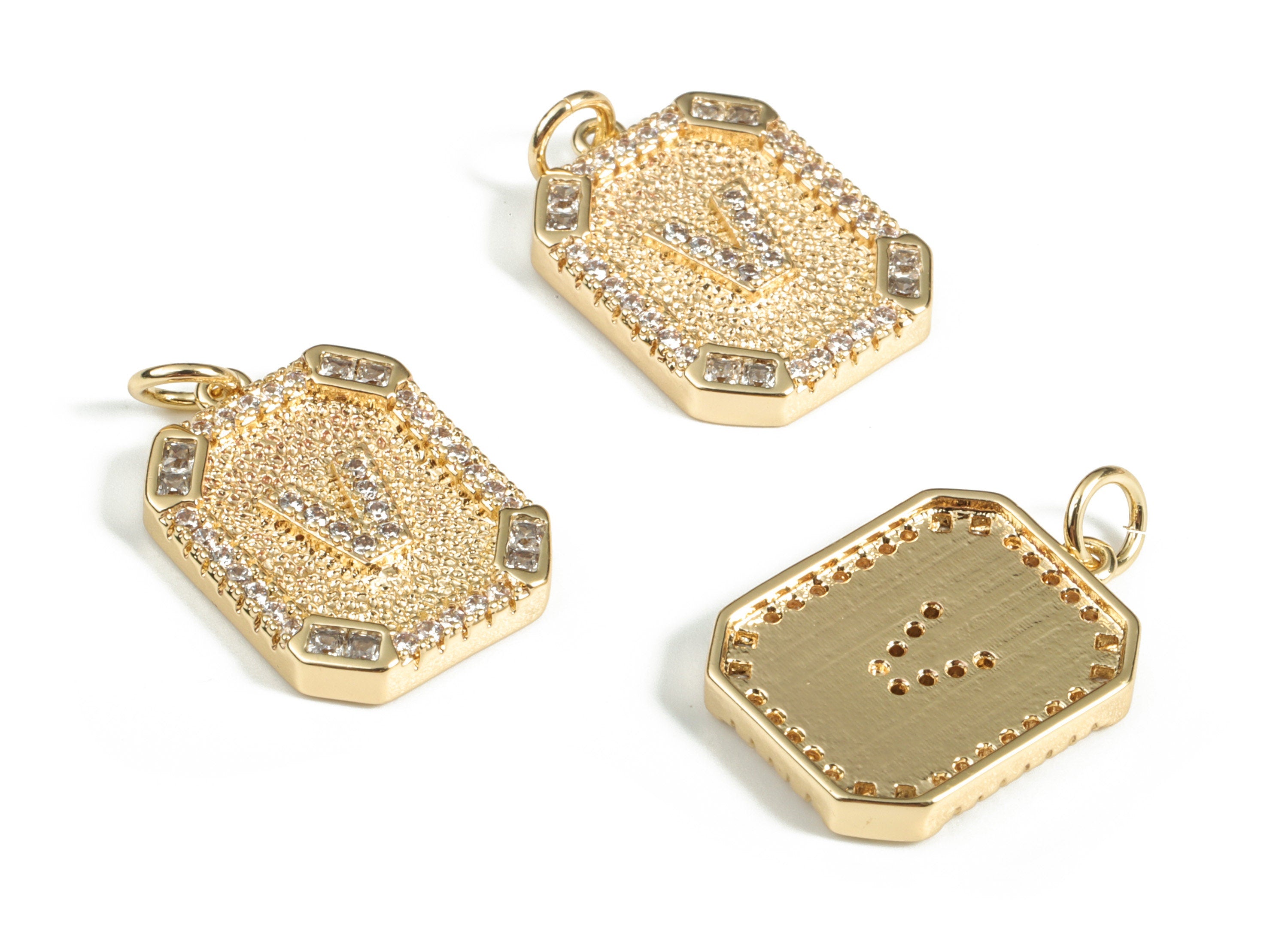Brass Square Letter V Earring Charm With Zircons -Initial V Gold Square Pendant -18k Real Gold Plated Brass - 22.89x13.97x2.7mm - RGP3135V - DOMEDBAZAAR