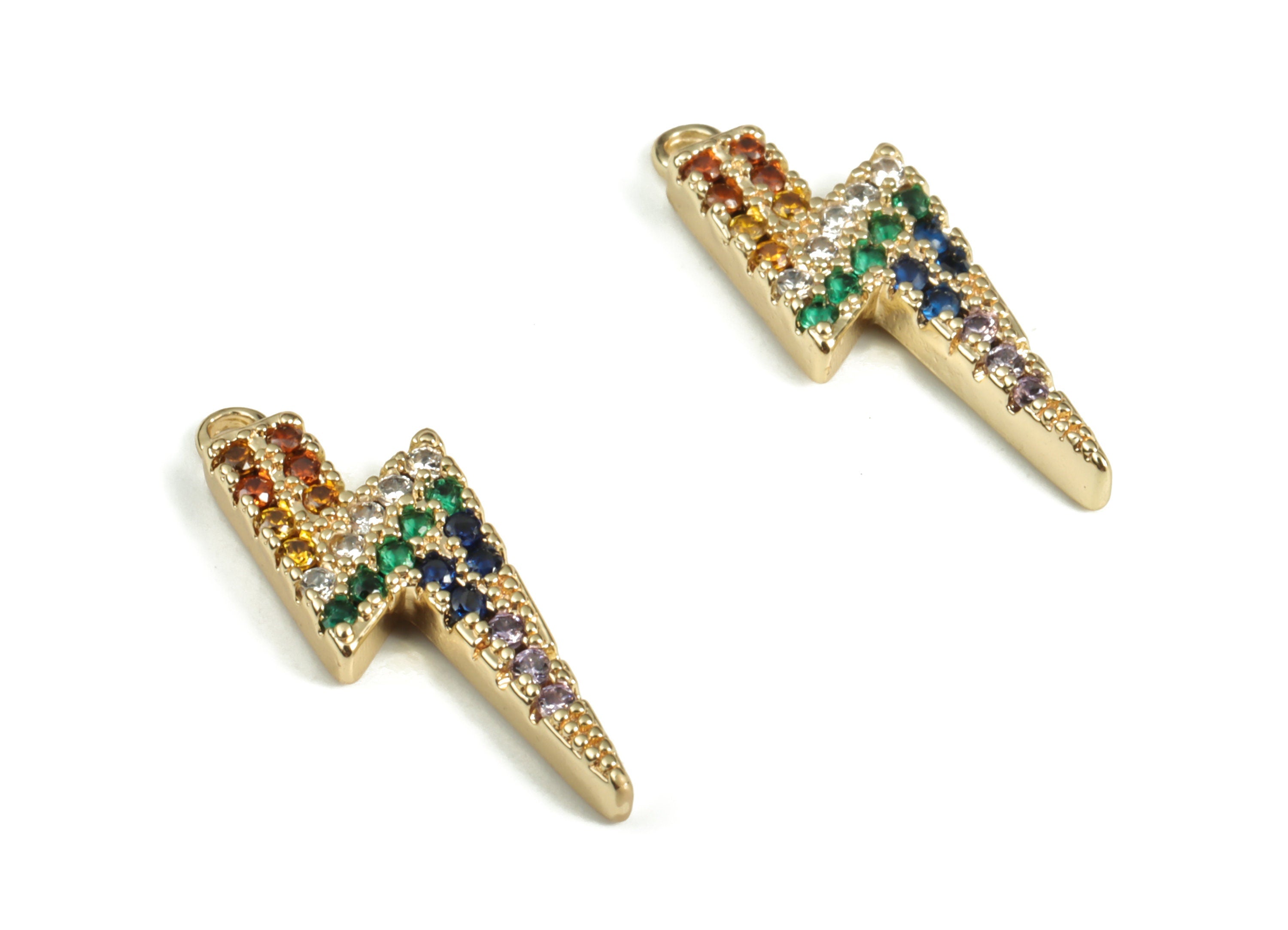 Brass Lightning Earring Charms With Zircons - Gold Lightning Pendant - 18K Real Gold Plated Brass - 17.79x6.06x2.14mm - RGP3052 - DOMEDBAZAAR