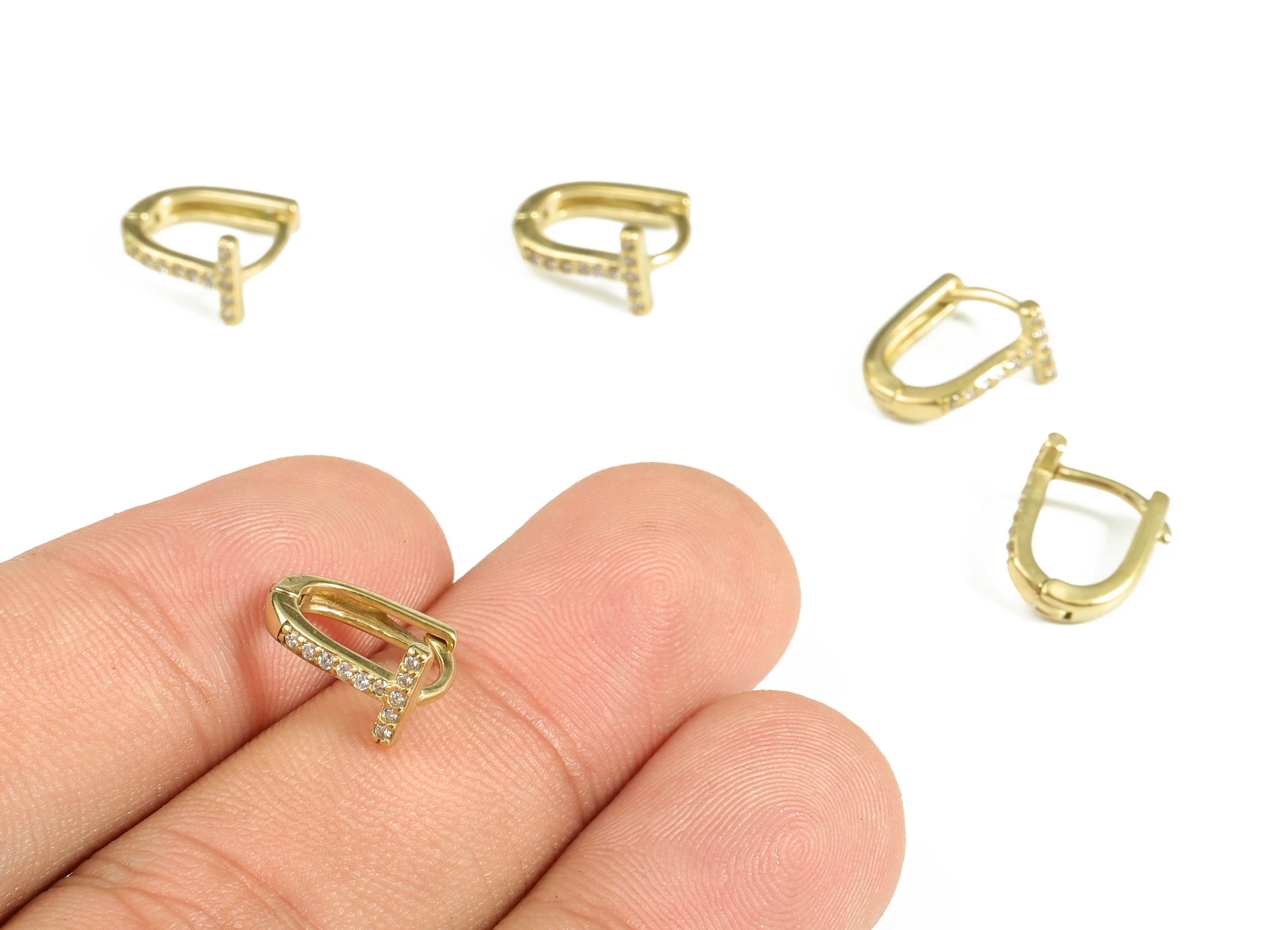Brass Hoop Earrings – Zircon U Shaped T Earrings - Huggies T Design Hoops – Cute Minimalist Jewelry Supplies - 11.72× 9.99×1.6mm - PP4118 - DOMEDBAZAAR