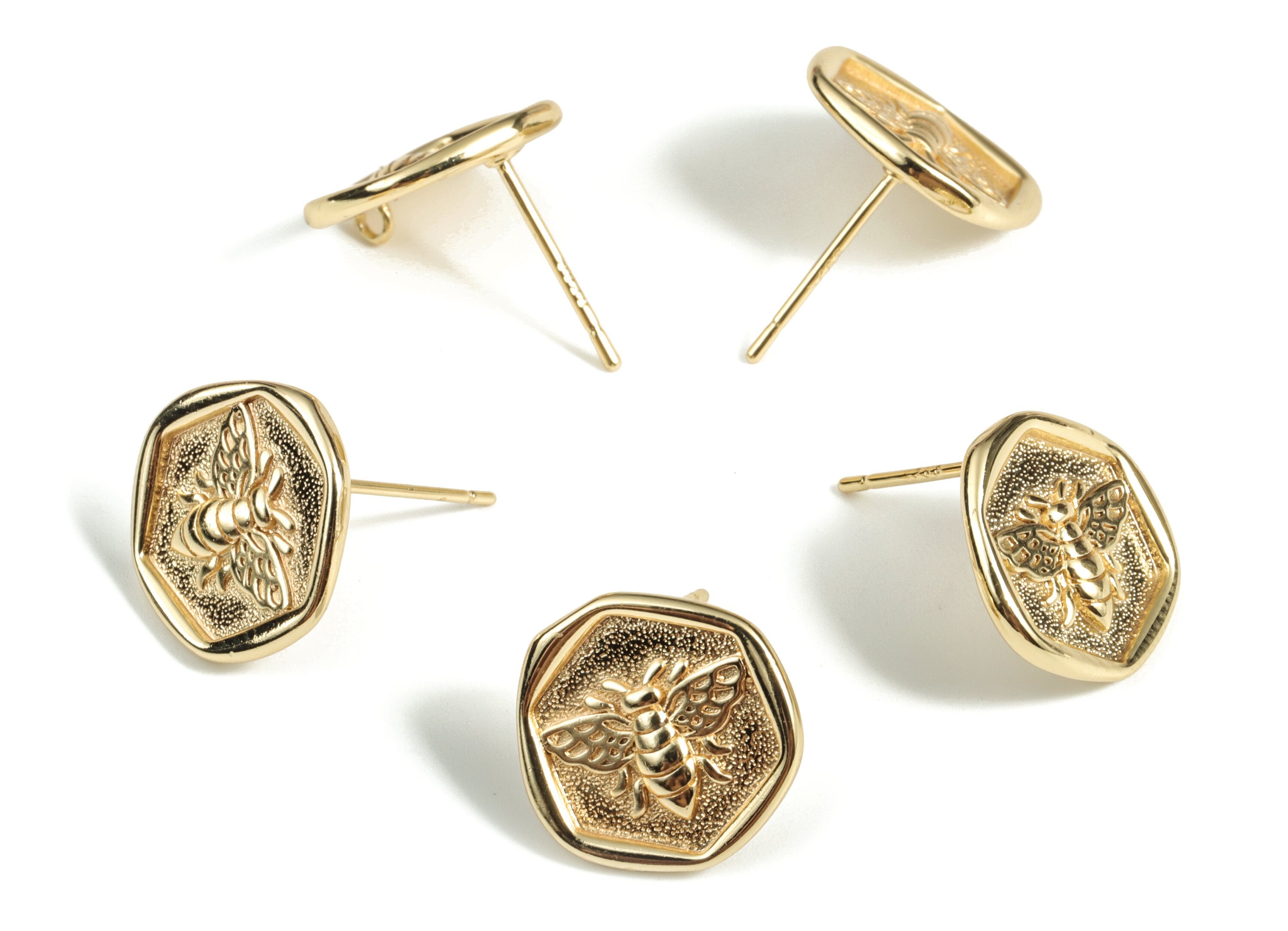 Brass Hexagon Bee Earring Post - Gold Hexagon Bee Earring Stud - 18K Real Gold Plated Brass - 925 Silver Stud - 13.72x13.63x2.14mm - RGP3129 - DOMEDBAZAAR