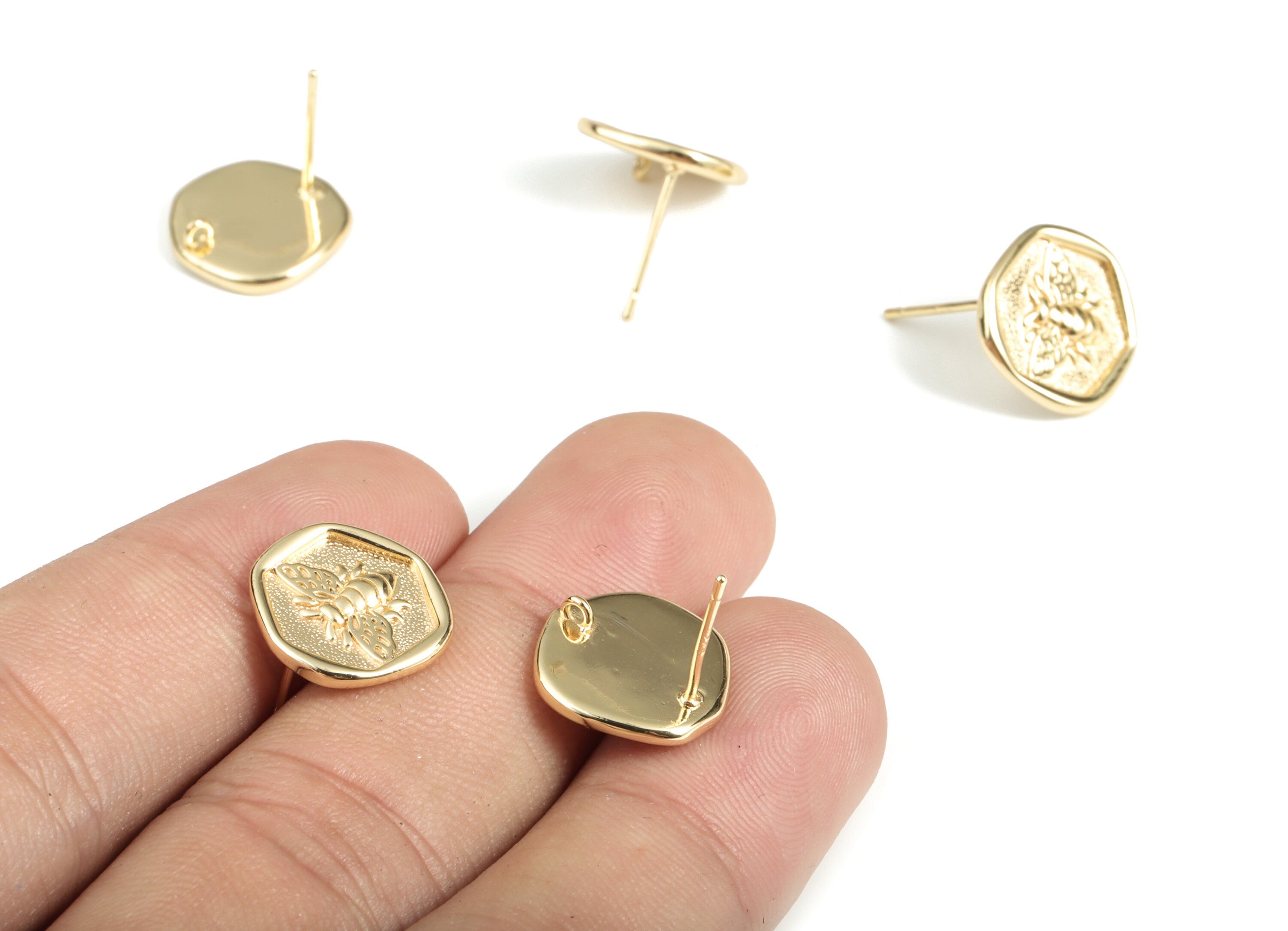 Brass Hexagon Bee Earring Post - Gold Hexagon Bee Earring Stud - 18K Real Gold Plated Brass - 925 Silver Stud - 13.72x13.63x2.14mm - RGP3129 - DOMEDBAZAAR