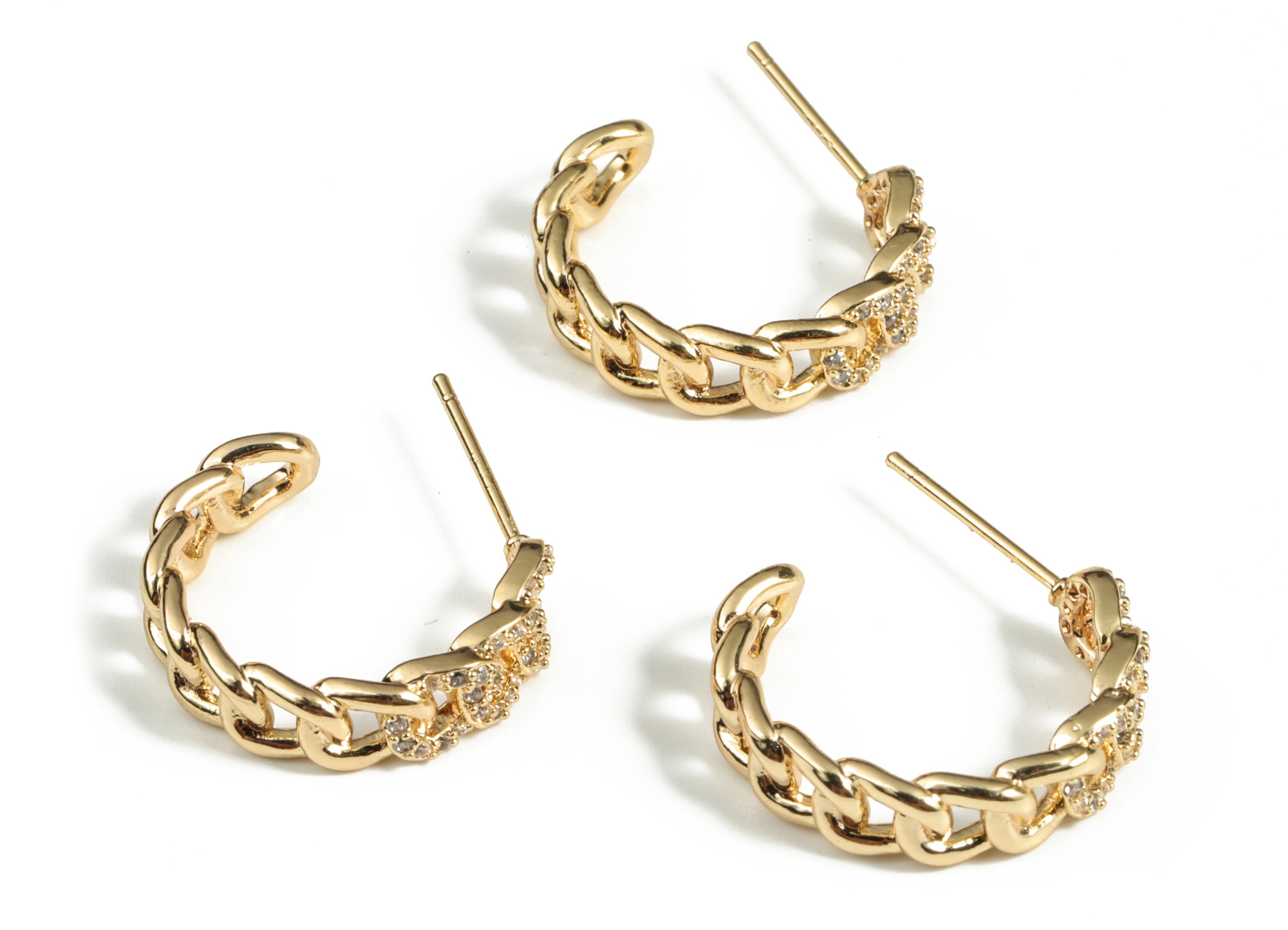 Brass C Wave Earring Post With Zircon - Gold C Wave Earring Stud - 18K Real Gold Plated Brass - 925 Silver Stud - 18.76x15.8x2.3mm - RGP3182 - DOMEDBAZAAR