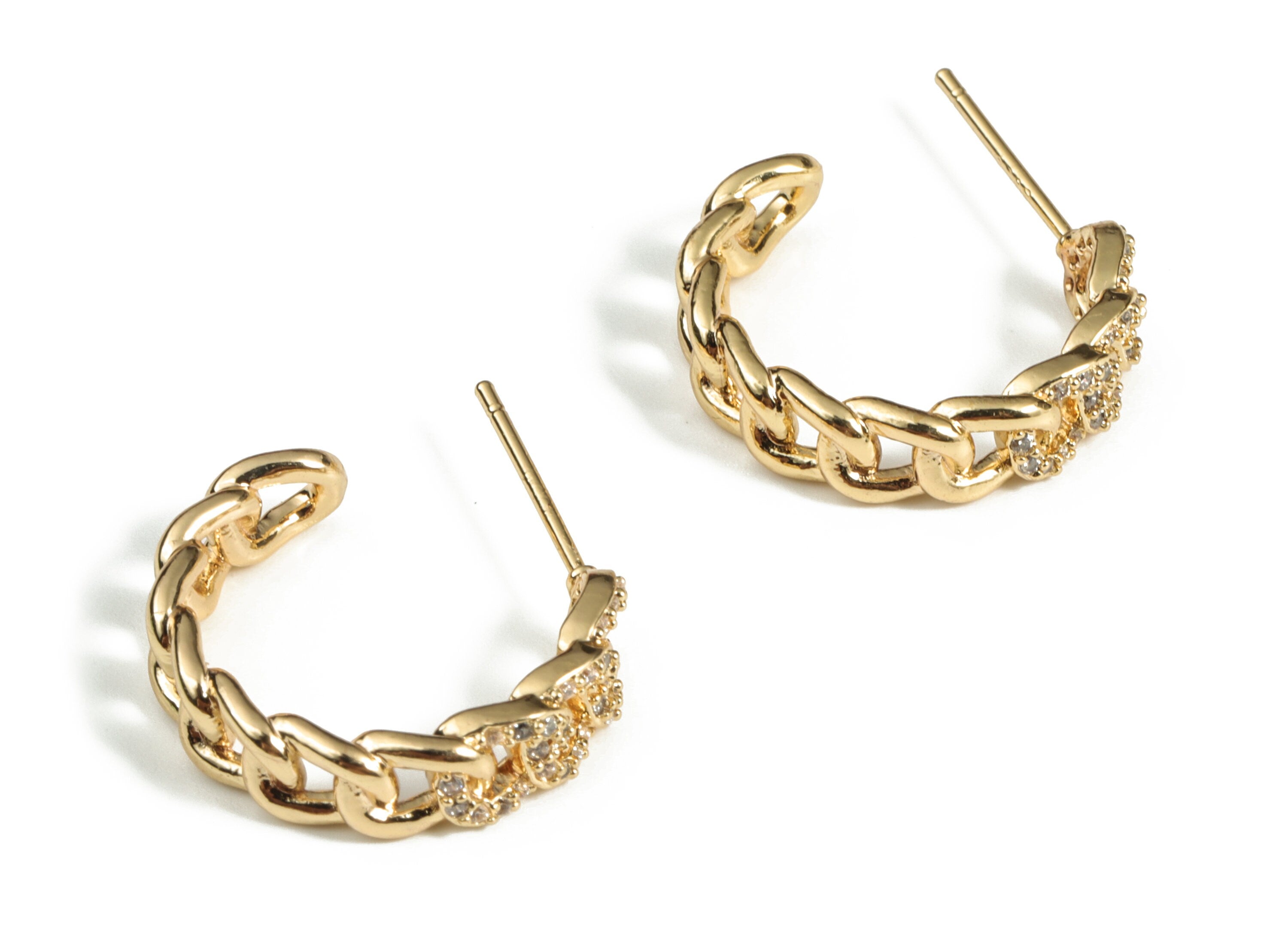 Brass C Wave Earring Post With Zircon - Gold C Wave Earring Stud - 18K Real Gold Plated Brass - 925 Silver Stud - 18.76x15.8x2.3mm - RGP3182 - DOMEDBAZAAR