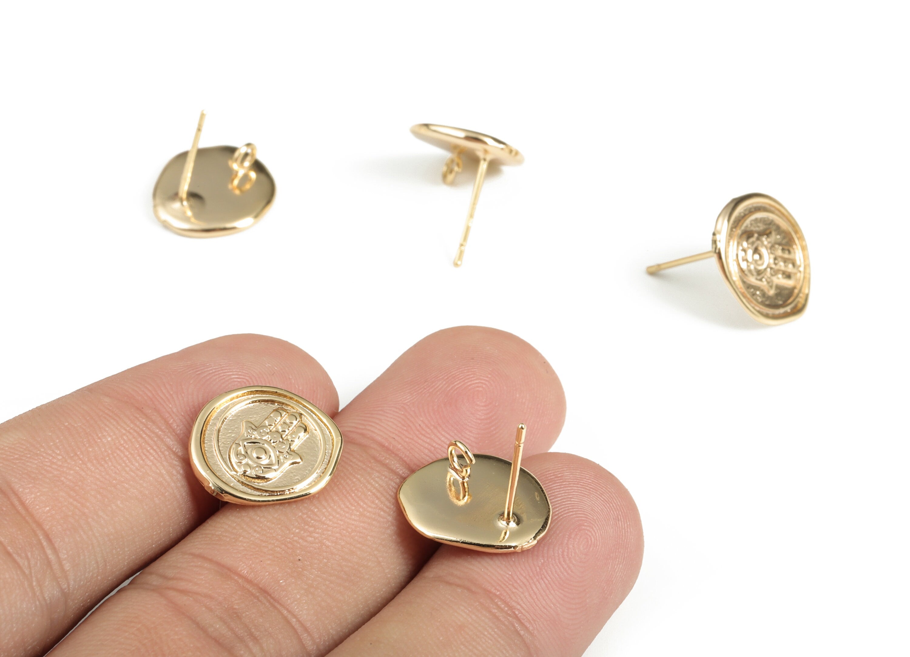 Brass Round Hand Earring Post - Gold Circle Hand Earring Stud - 18K Real Gold Plated Brass - 925 Silver Stud - 13.72x13.51x1.19mm - RGP3127 - DOMEDBAZAAR
