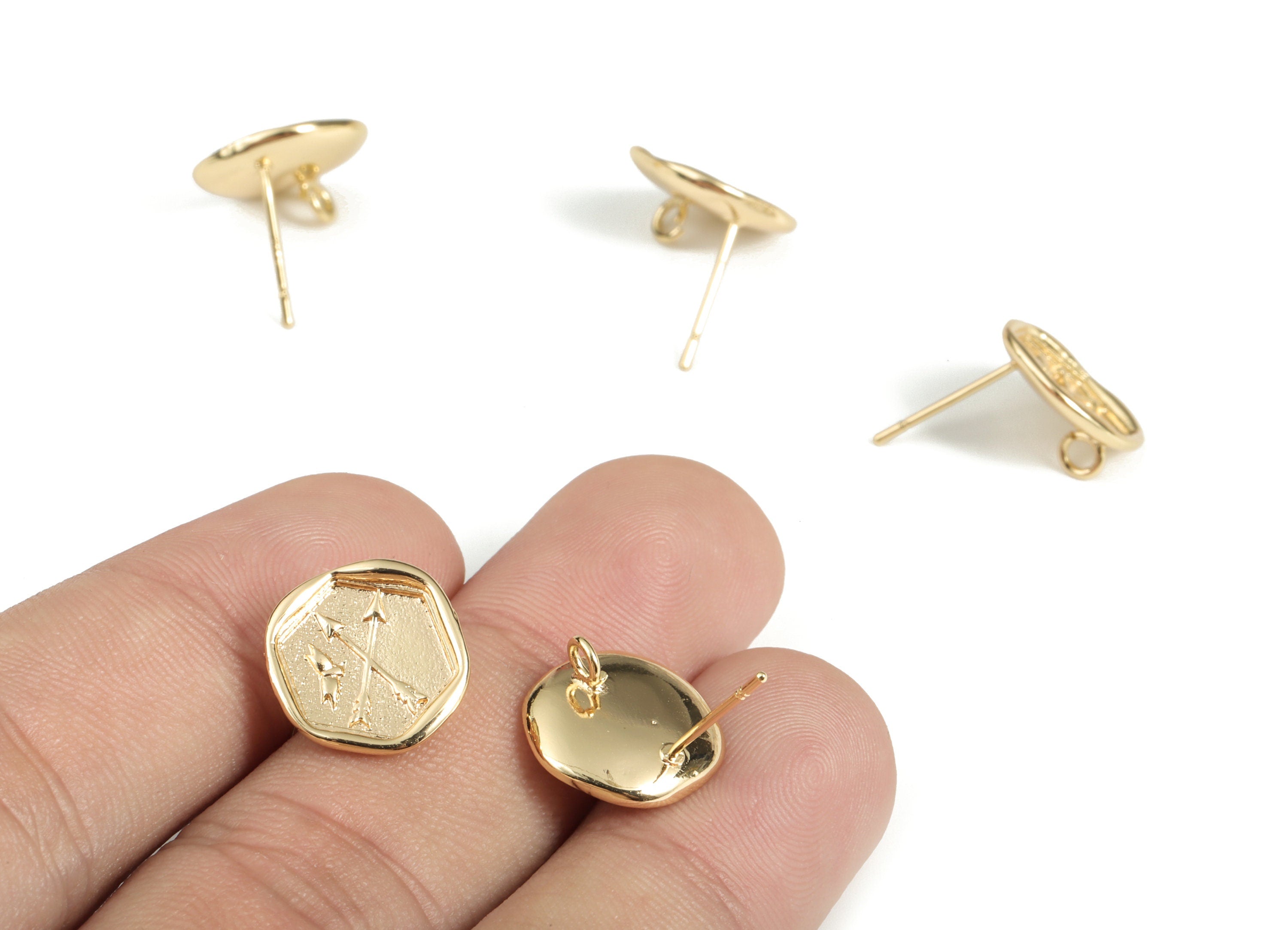 Brass Hexagon Arrow Earring Post - Gold Hexagon Arrow Earring Stud - 18K Real Gold Plated Brass - 925 Silver Stud - 13.4x13.3x2mm - RGP3128 - DOMEDBAZAAR