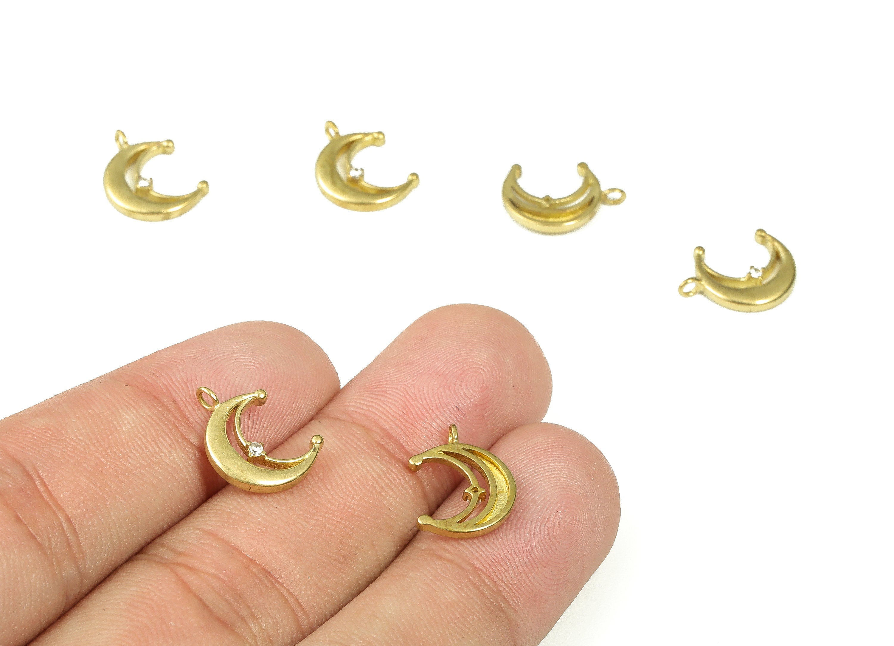 Raw Brass Crescent Moon Earring Charm – Moon Star Charm - Brass Moon Pendant with Zircon – DIY Jewelry Supplies - 13.94x10.38x1.87mm- PP4404 - DOMEDBAZAAR