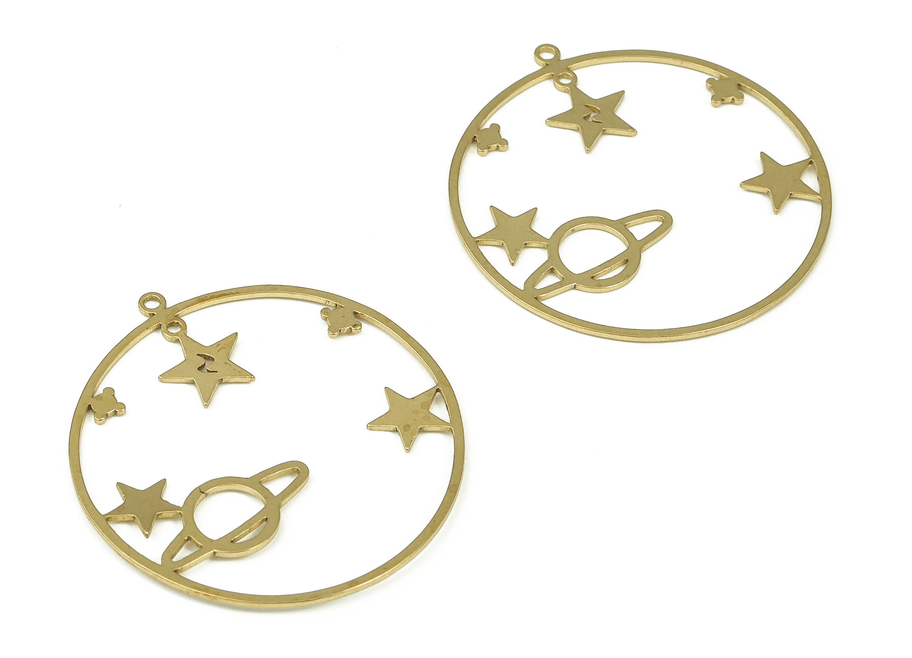 Brass Round Star Earring Charms - Raw Brass Circle Universe Pendant - Earrings Finding - Jewelry Making Supplies - 35.65x32.9x0.7mm - PP4488 - DOMEDBAZAAR
