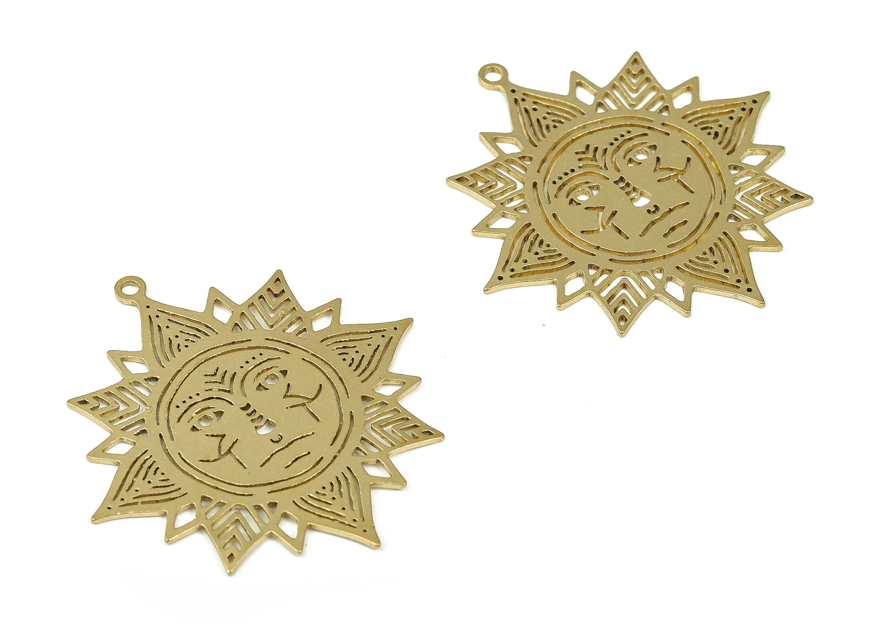 Raw Brass Sun Face Charms - Raw Brass Face Sun Pendant Charms - Brass Earrings Charm - Jewelry Making Supplies -36.49x34.2x0.75mm - PP4316 - DOMEDBAZAAR