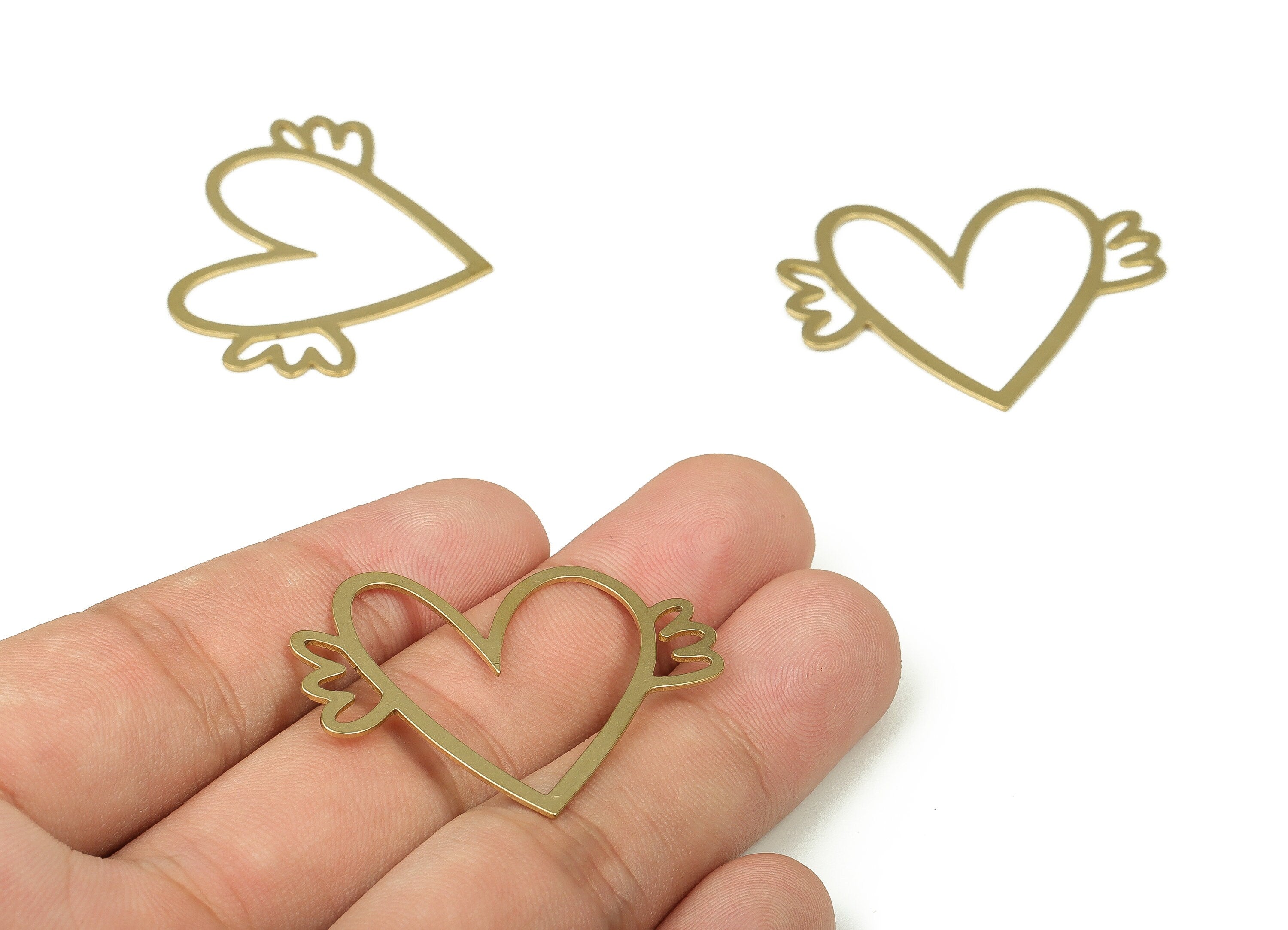 Brass Winged Heart Earring Charms - Raw Brass Flying Heart Pendant - Earrings Finding - Jewelry Making Supplies - 39.89x31.83x0.7mm - PP4269 - DOMEDBAZAAR