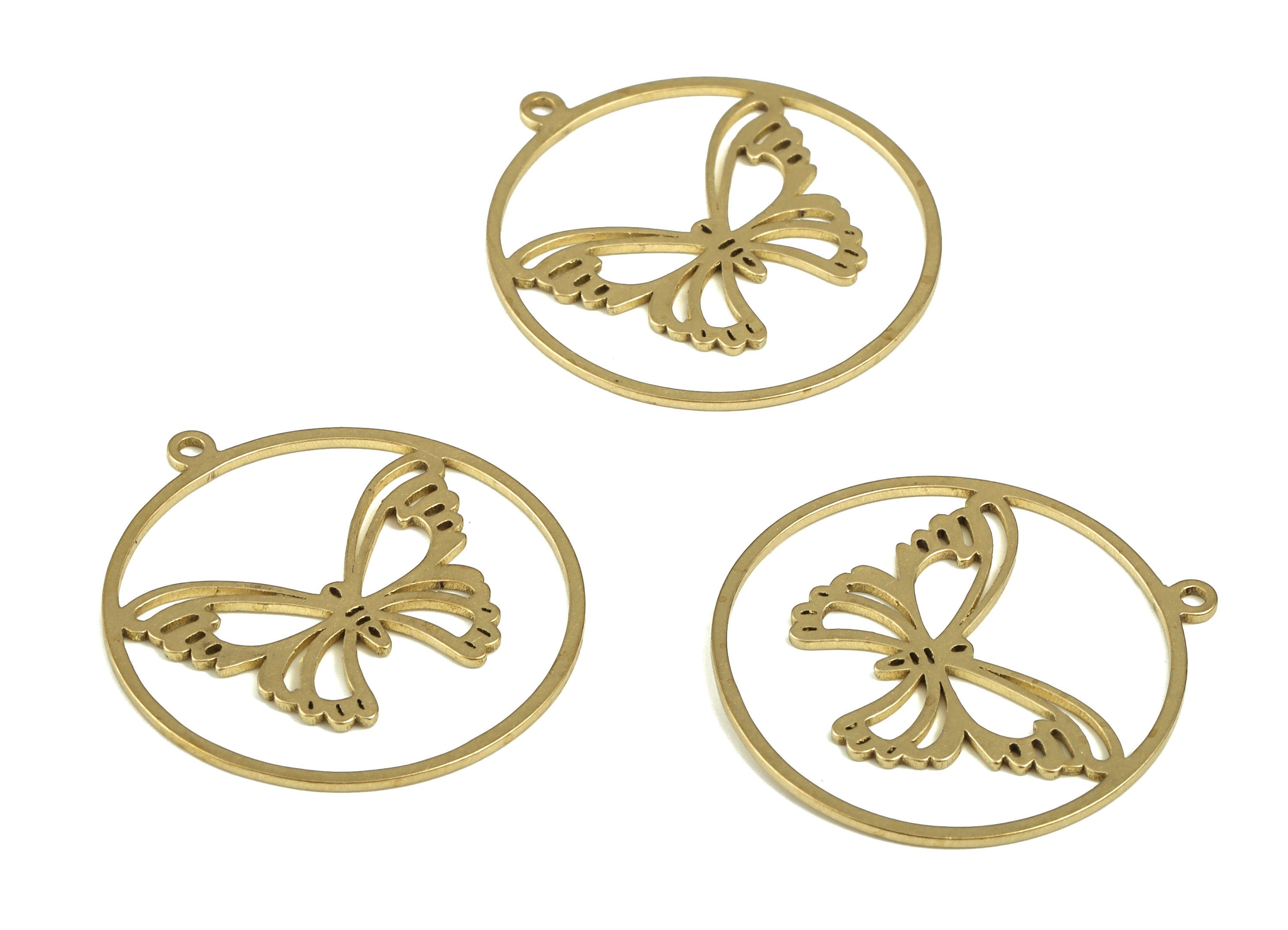 Brass Round Butterfly Earring Charms - Raw Brass Circle Butterfly Pendant - Jewelry Making Supplies - 26.17x24.03x0.67mm - PP4244 - DOMEDBAZAAR