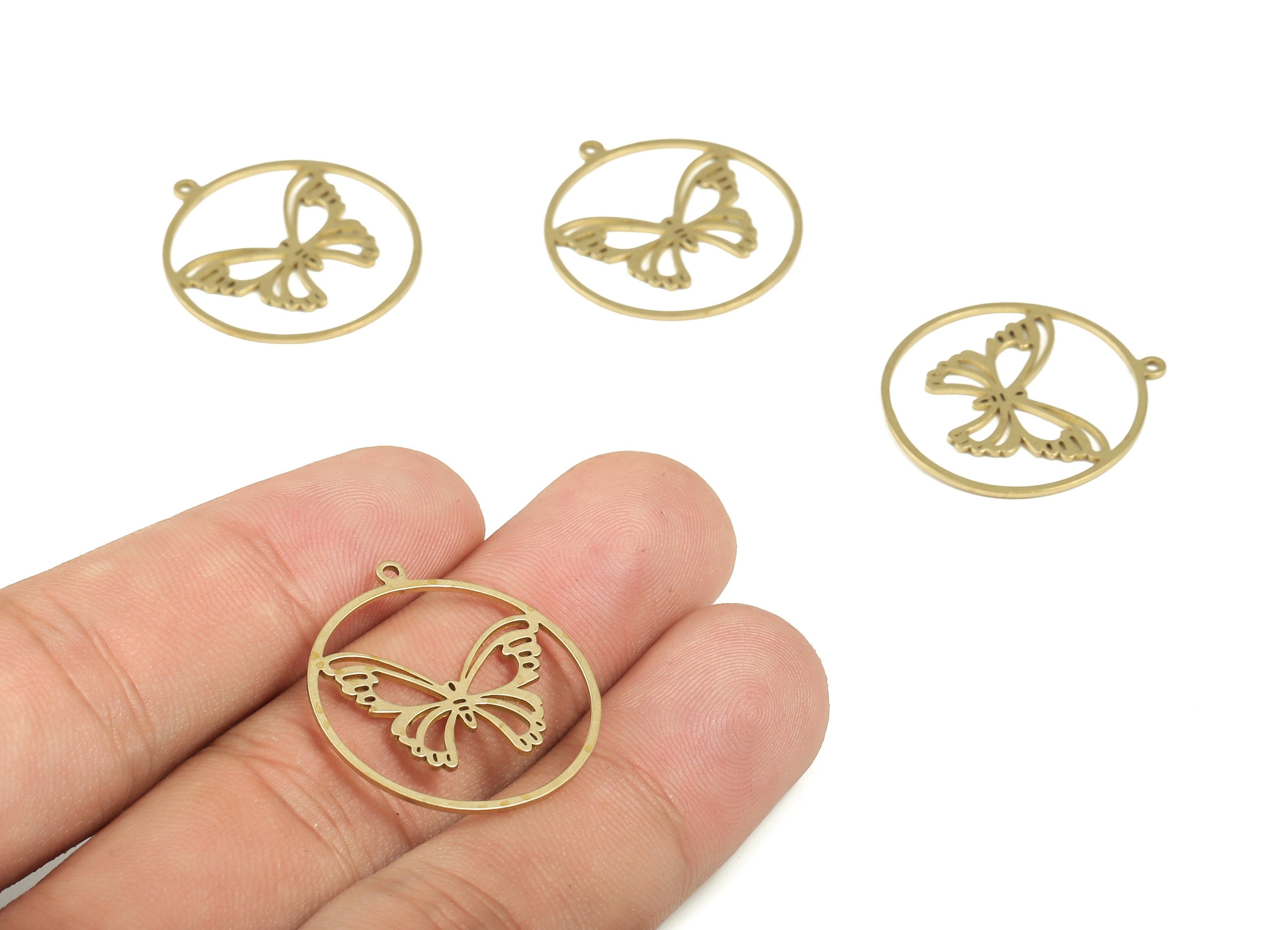 Brass Round Butterfly Earring Charms - Raw Brass Circle Butterfly Pendant - Jewelry Making Supplies - 26.17x24.03x0.67mm - PP4244 - DOMEDBAZAAR