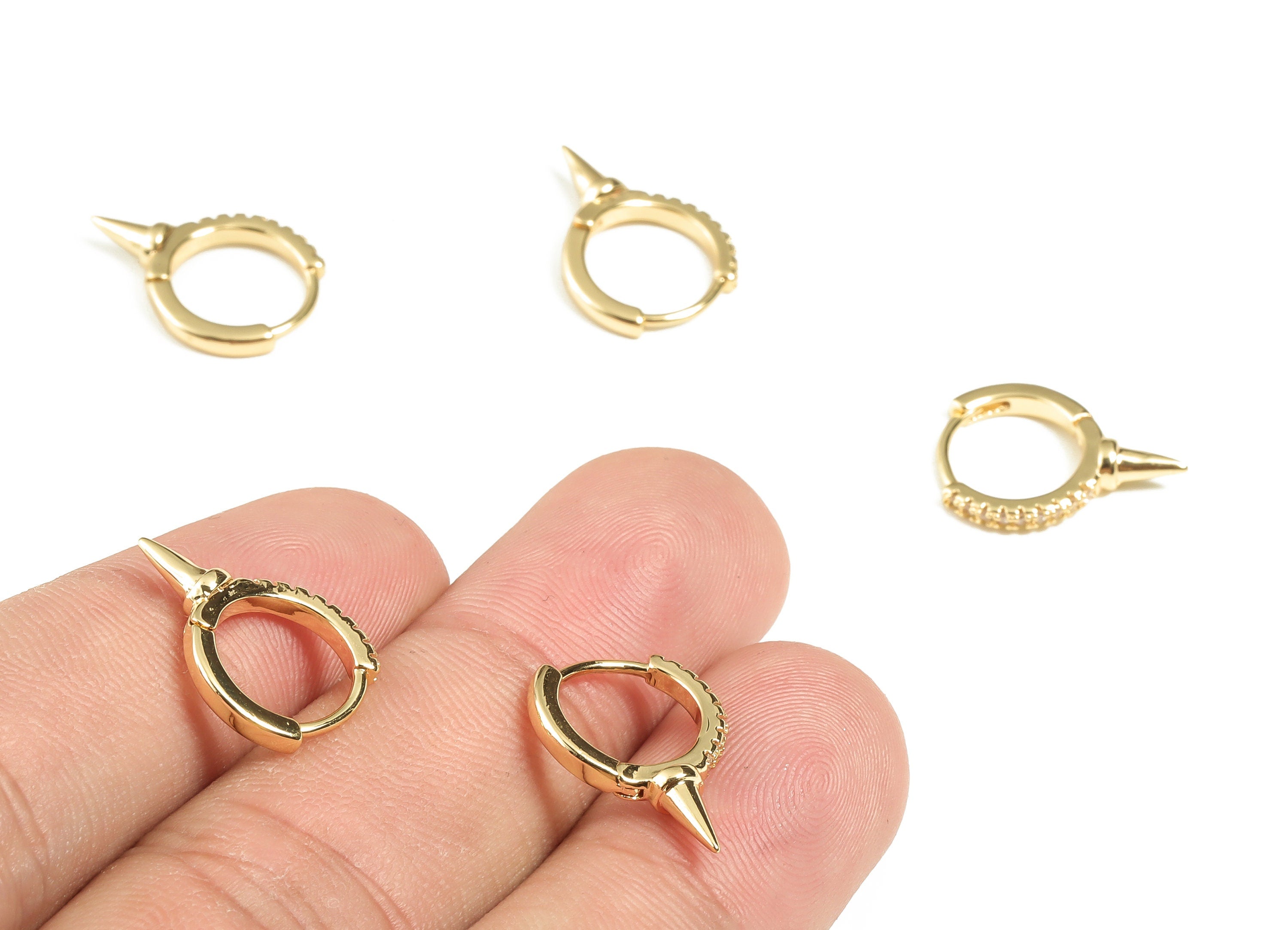 Brass Huggie Hoop Earring – Spike Zircon Hoops – Brass Cone Huggie Hoop Earring – 18K Real Gold Plated Brass - 17.44×12.36×2mm - RGP3107 - DOMEDBAZAAR