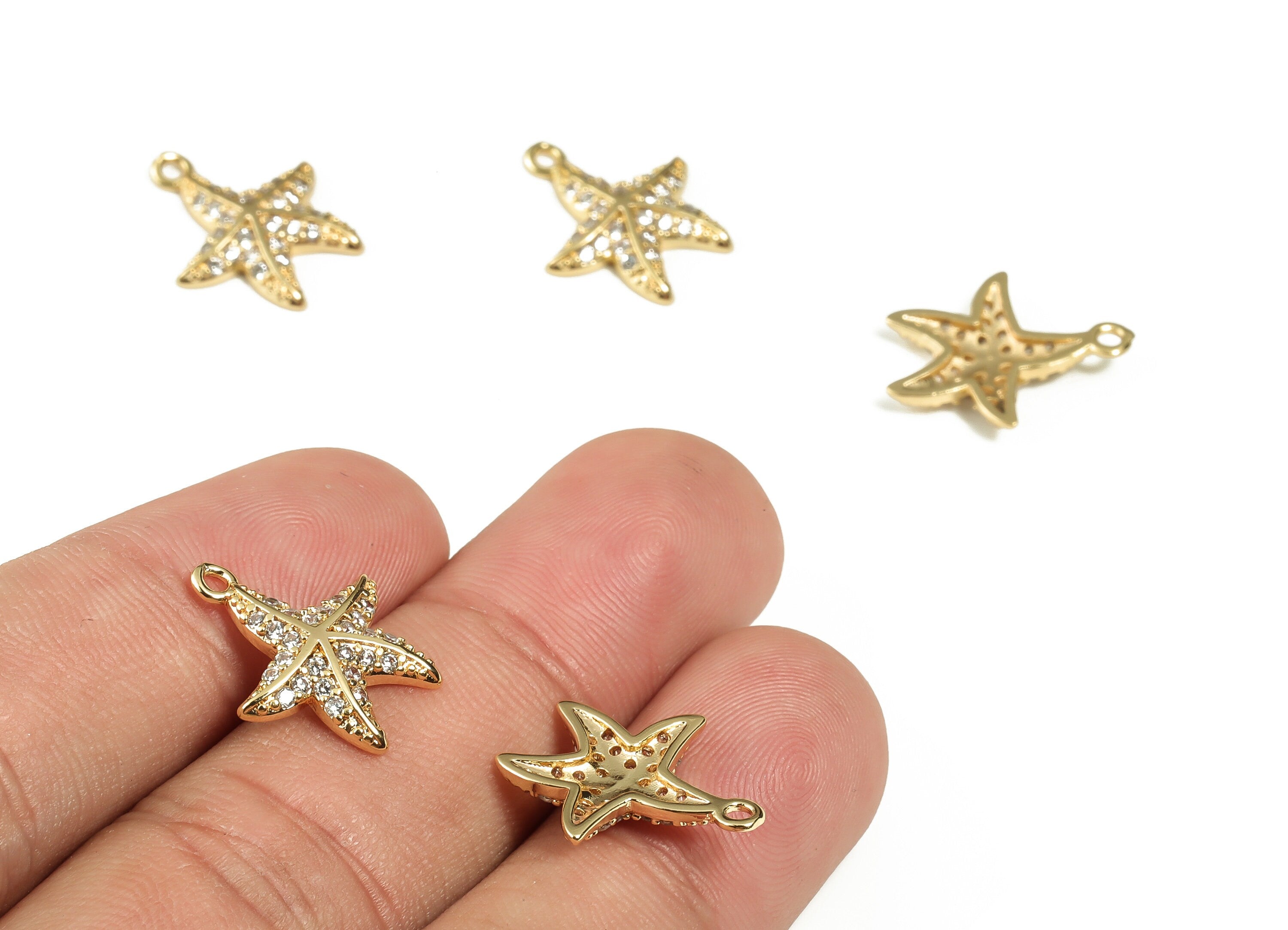 Brass Starfish Earring Charm – Zircon Brass Star Pendant – 18K Real Gold Plated Brass – DIY Jewelry Supplies – 17.17x14.77x2.57mm – RGP3224 - DOMEDBAZAAR