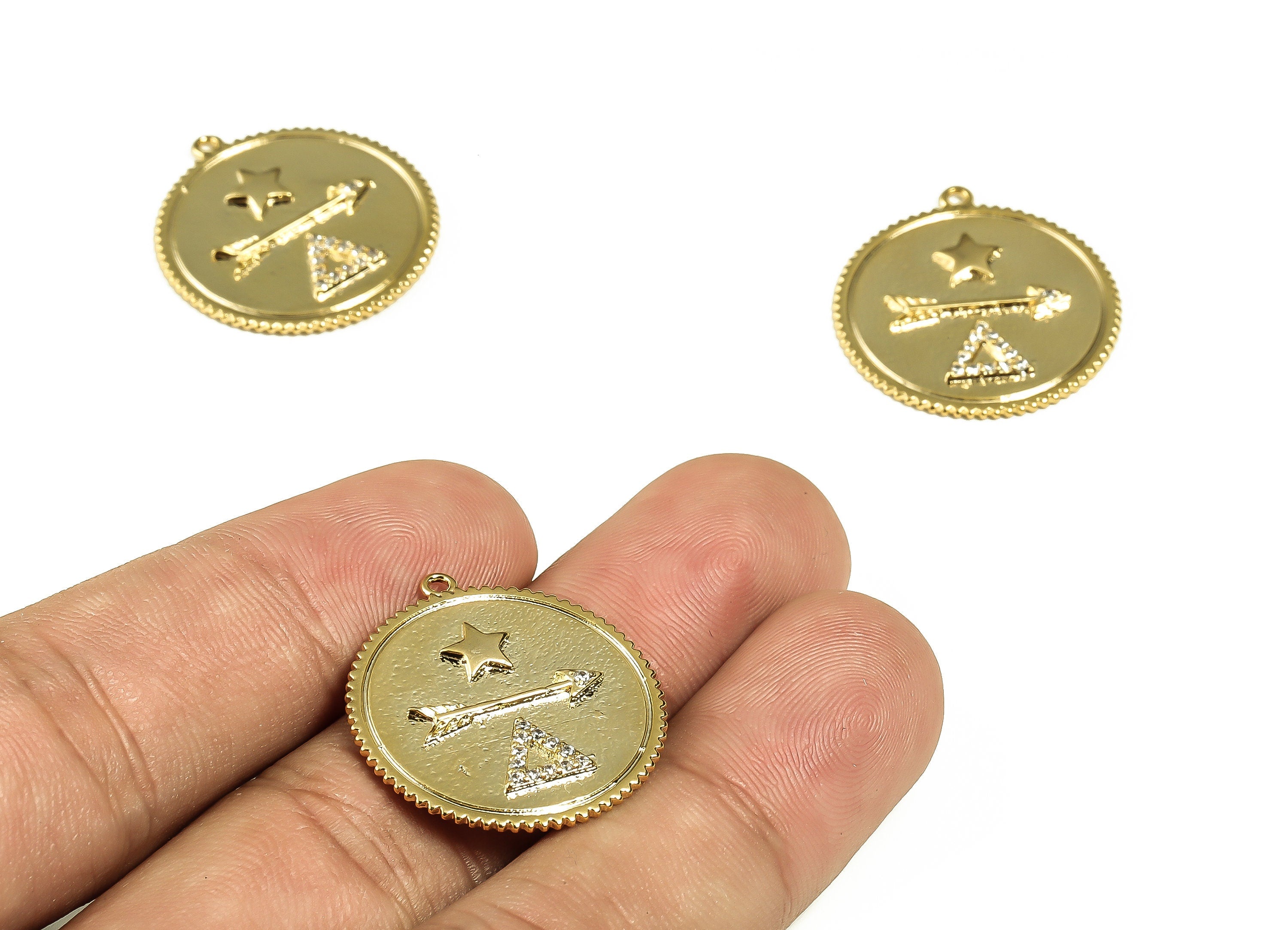 Brass Round Earring Charm – Circle Zircon Arrow Pendant Charm - 18k Real Gold Plated Brass - Jewelry Supplies - 24.96x23.28x2.08mm - RGP3084 - DOMEDBAZAAR