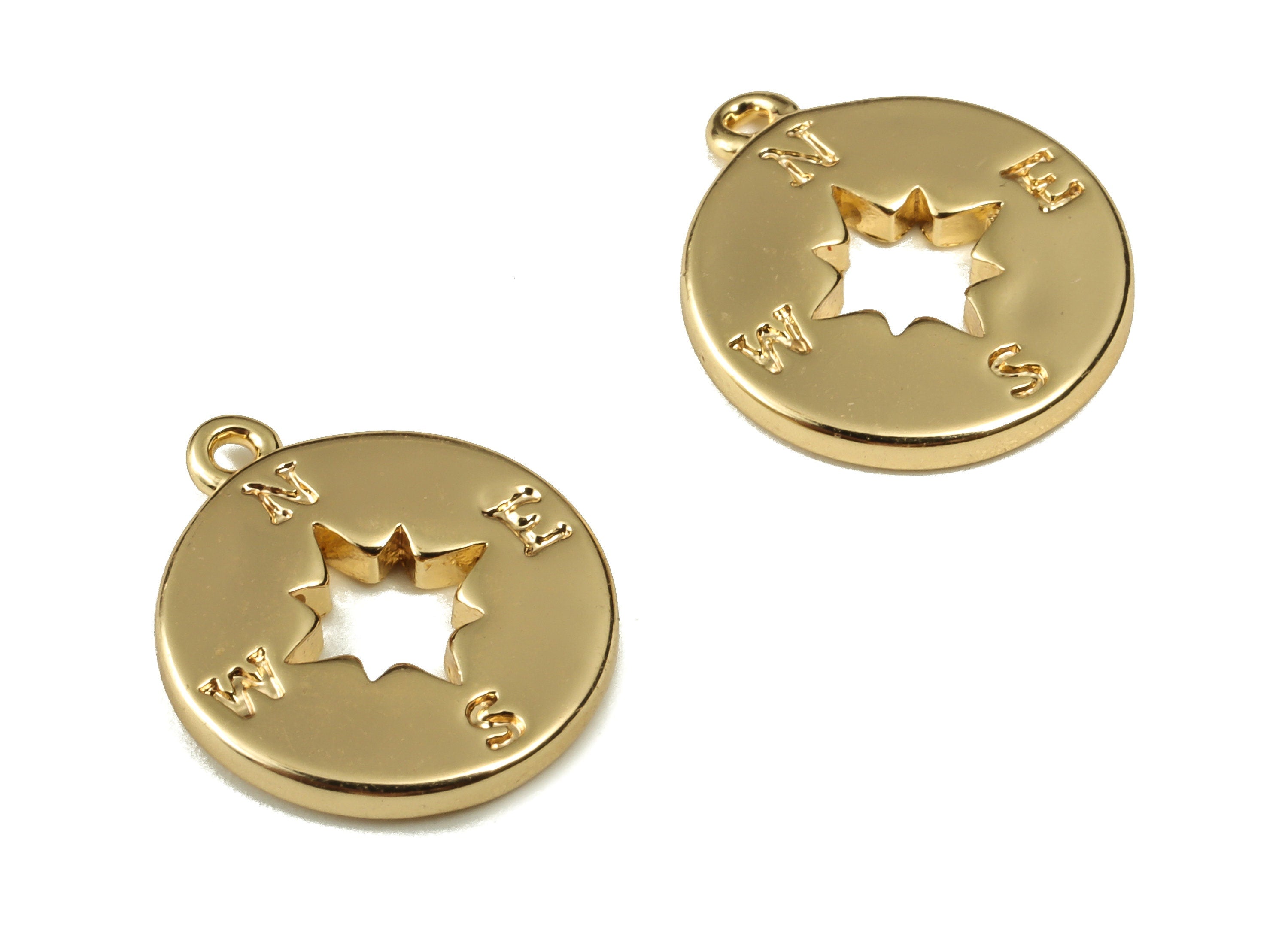 Brass Round Compass Charm - Brass Hollow Out Disc Pendant - 18K Real Gold Plated Brass - Jewelry Supplies -14.31x12.07x1.54mm-RGP3099 - DOMEDBAZAAR