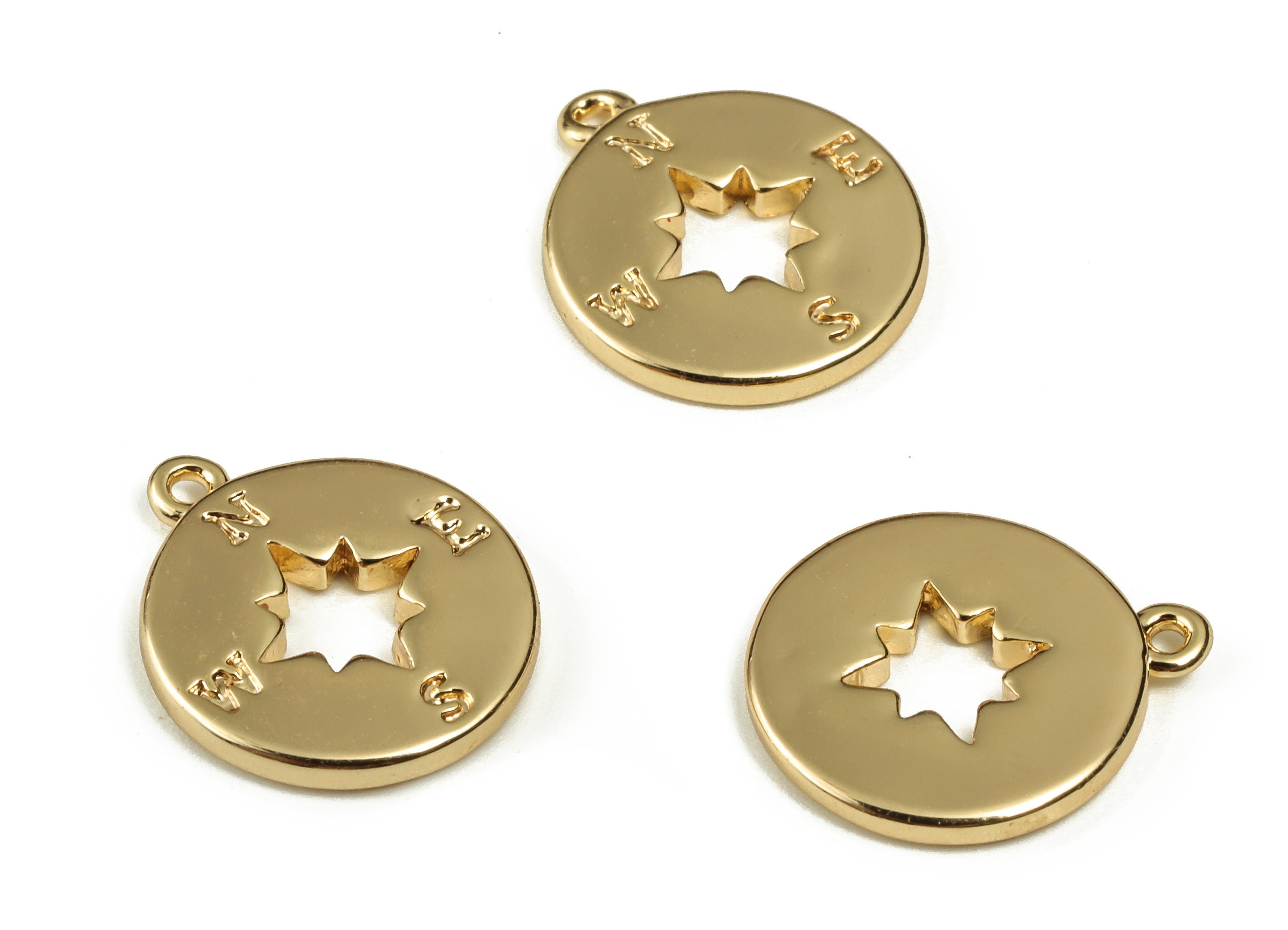 Brass Round Compass Charm - Brass Hollow Out Disc Pendant - 18K Real Gold Plated Brass - Jewelry Supplies -14.31x12.07x1.54mm-RGP3099 - DOMEDBAZAAR