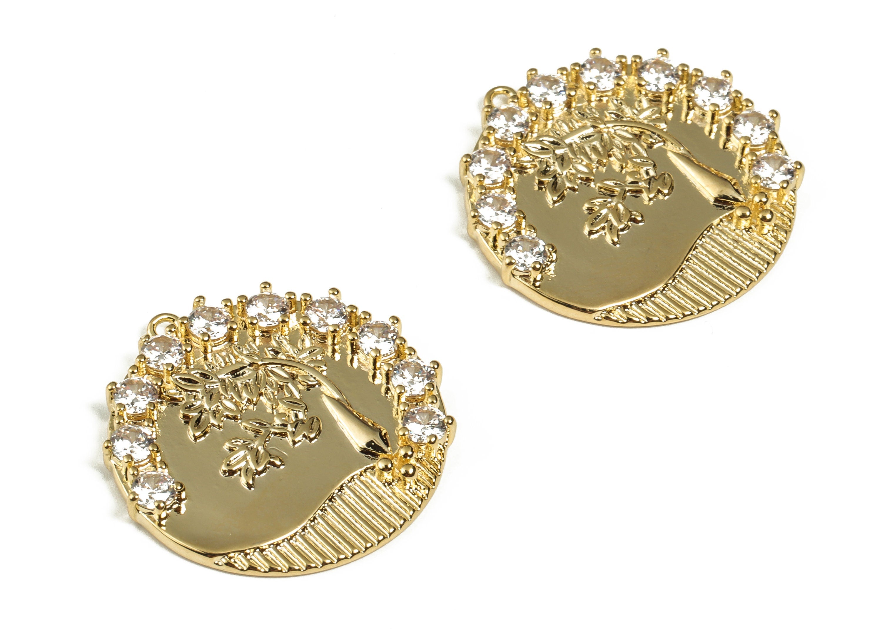 Brass Round Earring Charms - Tree Charm with Zircon - Gold Plated Tree Pendant Charm - 18K Gold Plated Brass - 24.94x23.26x2.81mm - RGP3092 - DOMEDBAZAAR