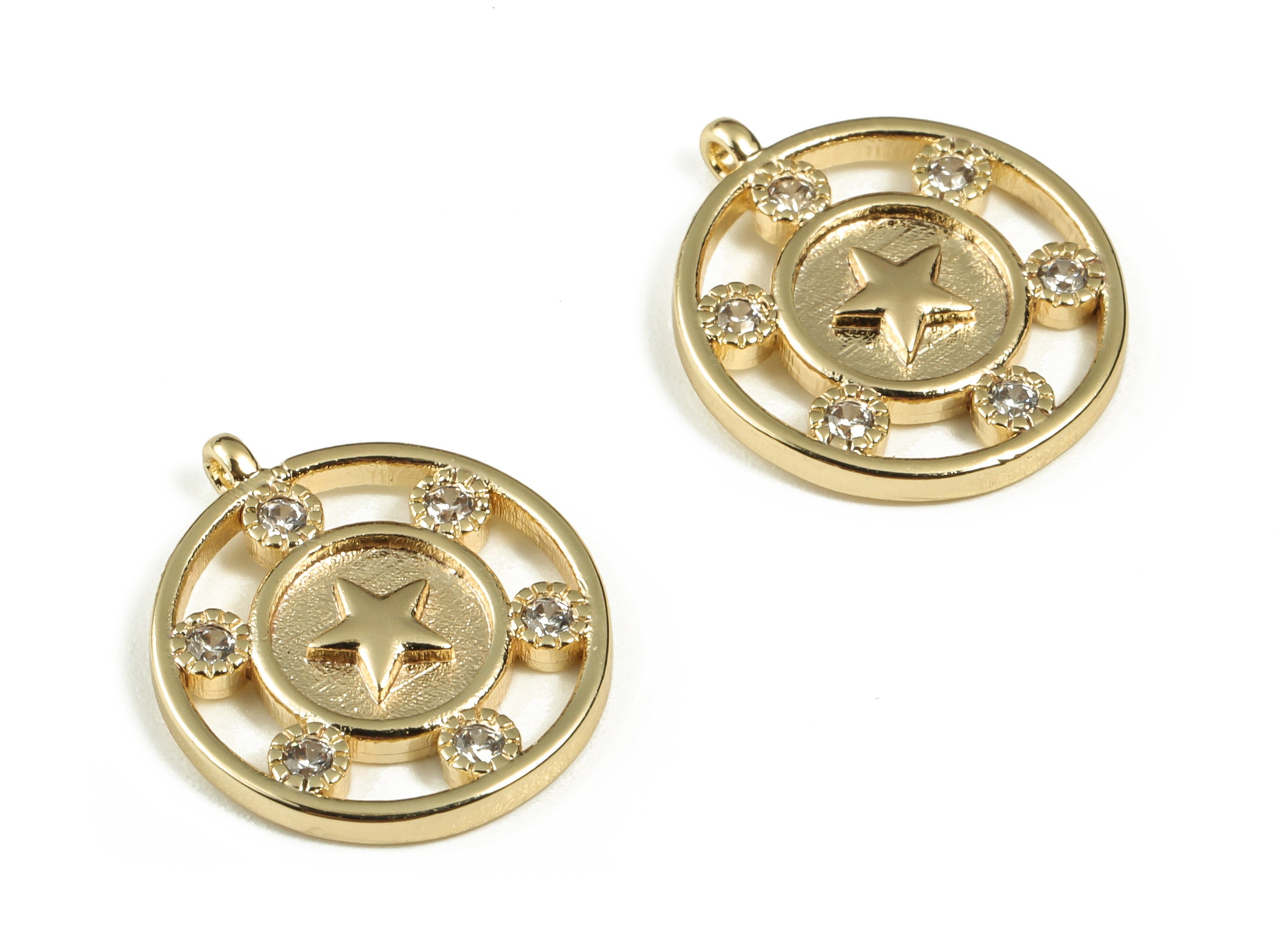 Brass Round Star Pendant – Zircon Circle Star Earring Charm - 18K Real Gold Plated Brass – Jewelry Supplies – 15.16x13.13x1.54mm – RGP3222 - DOMEDBAZAAR