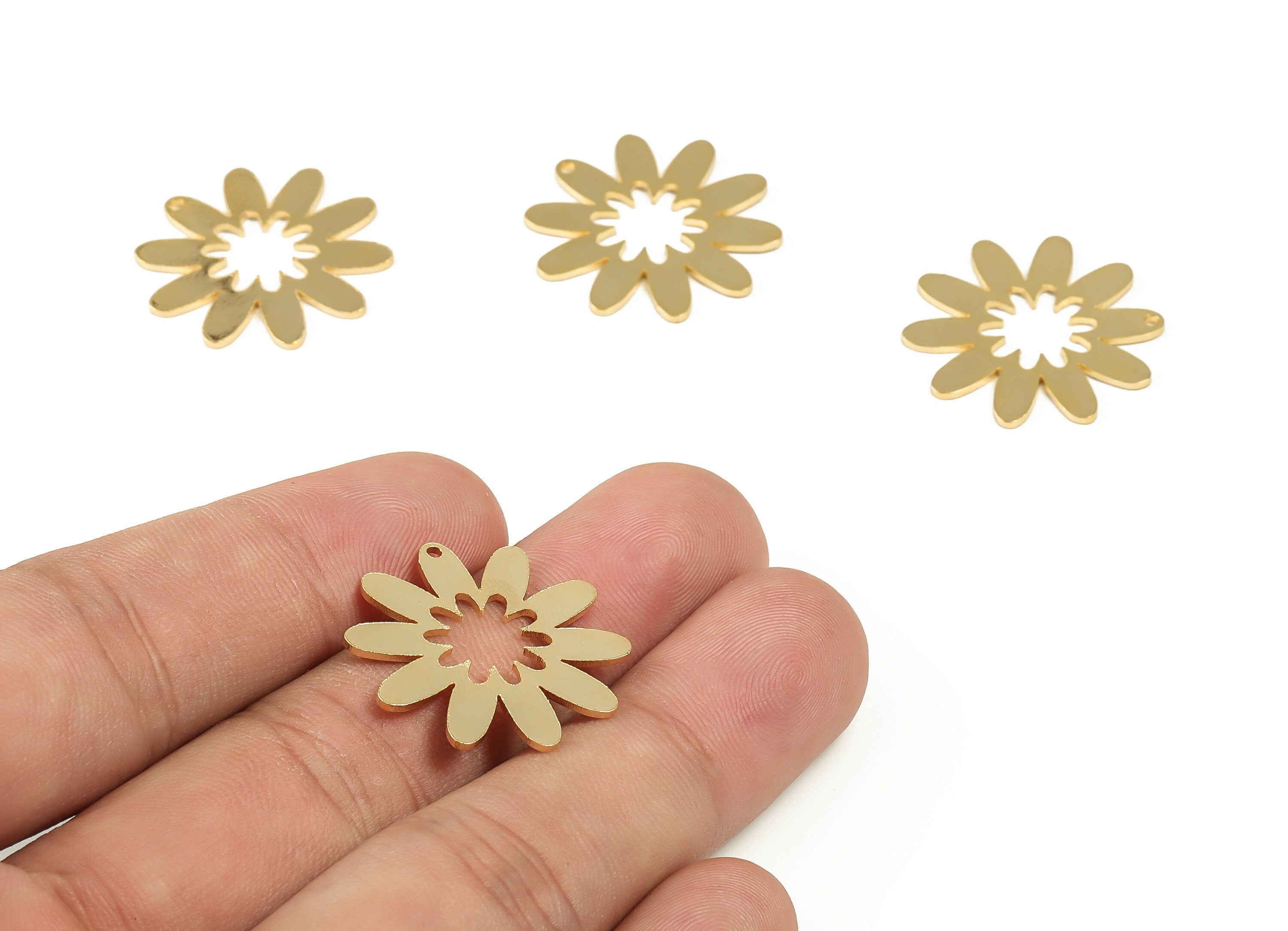Brass Flower Earring Charm - Open Flower Pendant charms - 18K Real Gold Plated Brass - Jewelry Making Supplies -24.69x23.71x0.99mm- RGP3095 - DOMEDBAZAAR